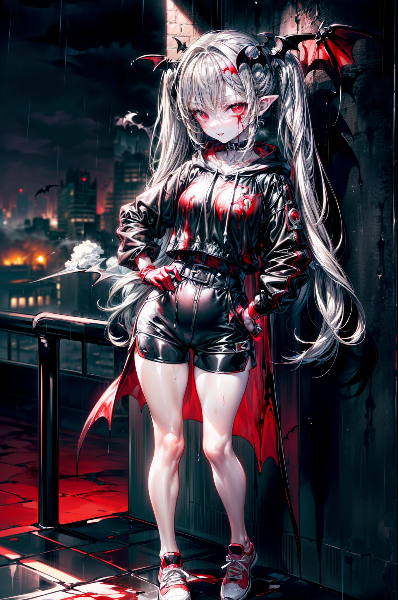 ((masterpiece, best quality, extremely detailed CG, unity 8k wallpaper,anatomically correct,ultra resolution)),Award-winning photography,(best illumination,Very Delicate and Beautiful),(one girl,solo,li:1.5),(Vampire:1.45),silver hair,(twintails:1.2),glowing red eyes,(pale skin:1.45),(extremely beautiful and detailed face:1.2), (extremely beautiful and detailed eyes:1.2),perfect hands,delicate legs,((bat hair ornament)),(graceful,fashion),pointy ears,((hoodie:1.4,sports shorts,sports shoes,black leather gloves,leg belt)),looking at viewer,hand on hip,hand to own mouth,head tilt,morbid smile,dark persona,evil,(cute:1.5),((night, dark atmosphere, dark theme, darkness:1.5)),dramatic shadows,(dimly lit:1.5),blood on face,blood on floor, blood on walls,(blood mist,blood splash:1.4),depth of field,(Bustling city:1.2,in the rain:1.3),cloudy sky,raining,skyline,(perfect human body structure with maximum precision)