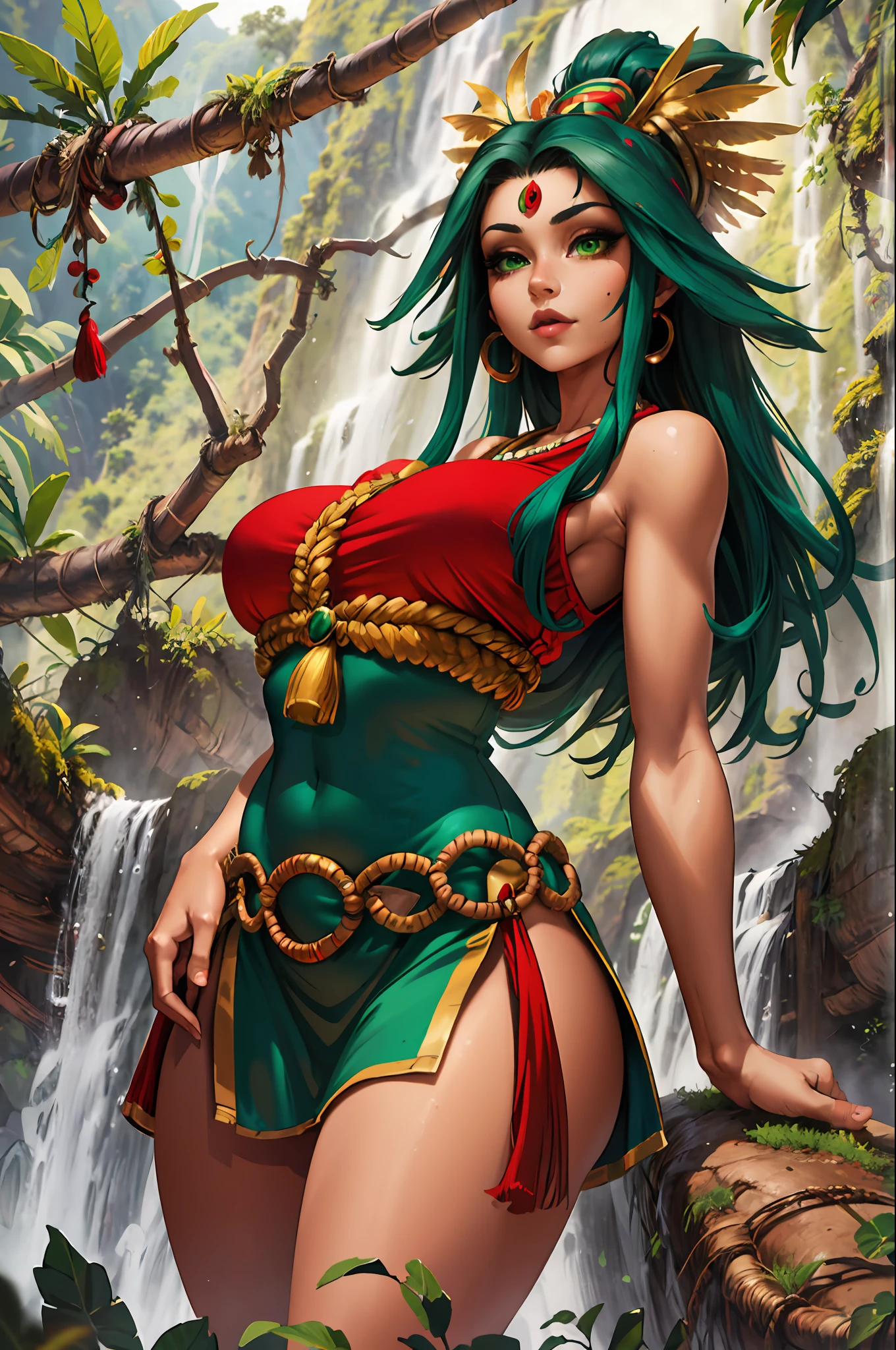 official art, unity 8k wallpaper, ultra detailed, aesthetically pleasing, High quality, masterpiece, best quality, Inca, Inca girl with big breasts, green eyes, red top, in the peruvian jungle, birds, digital painting, gorgeous face, beautiful realistic face, ultra realistic digital art, ultra-realistic digital art