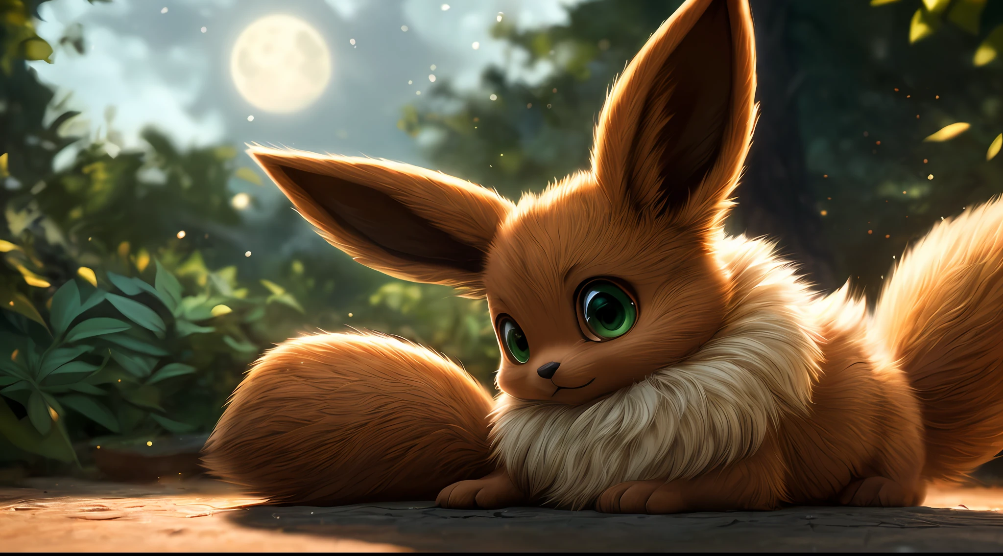 The little bunny is a child who likes to ask why,She always had a lot of big questions in her little head。。。,Like what,Why do carrots grow in the ground and not on trees?Why is the moon in the water after being scooped up,It becomes a small moon?Why do the stars in the sky always blink, Solo ((feral eevee)) with ((brown body)) and (white neck tuft) and ((Fluffy tail)) and ((clear green eyes)), (detailed feral brown fox eevee), (Detailed lighting), (detailed brown fox fur), Break, (Cinematic lighting), ((Detailed background)), ((Depth of field)), (half body shadow), ((Sunlight)), Break, ((Intricate, High detail, Film photography, Sharp focus, RAW candid cinema, Realistic, Photorealistic, analogue style, Subsurface scattering, Masterpiece, Best quality, Ultra photo realsisim, 8K)),