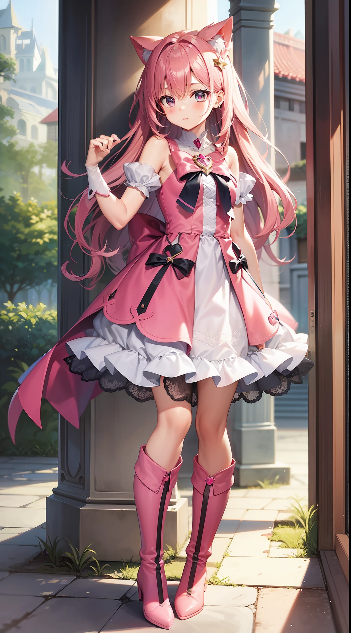 a cartoon girl in a pink dress and pink boots, style of magical girl,