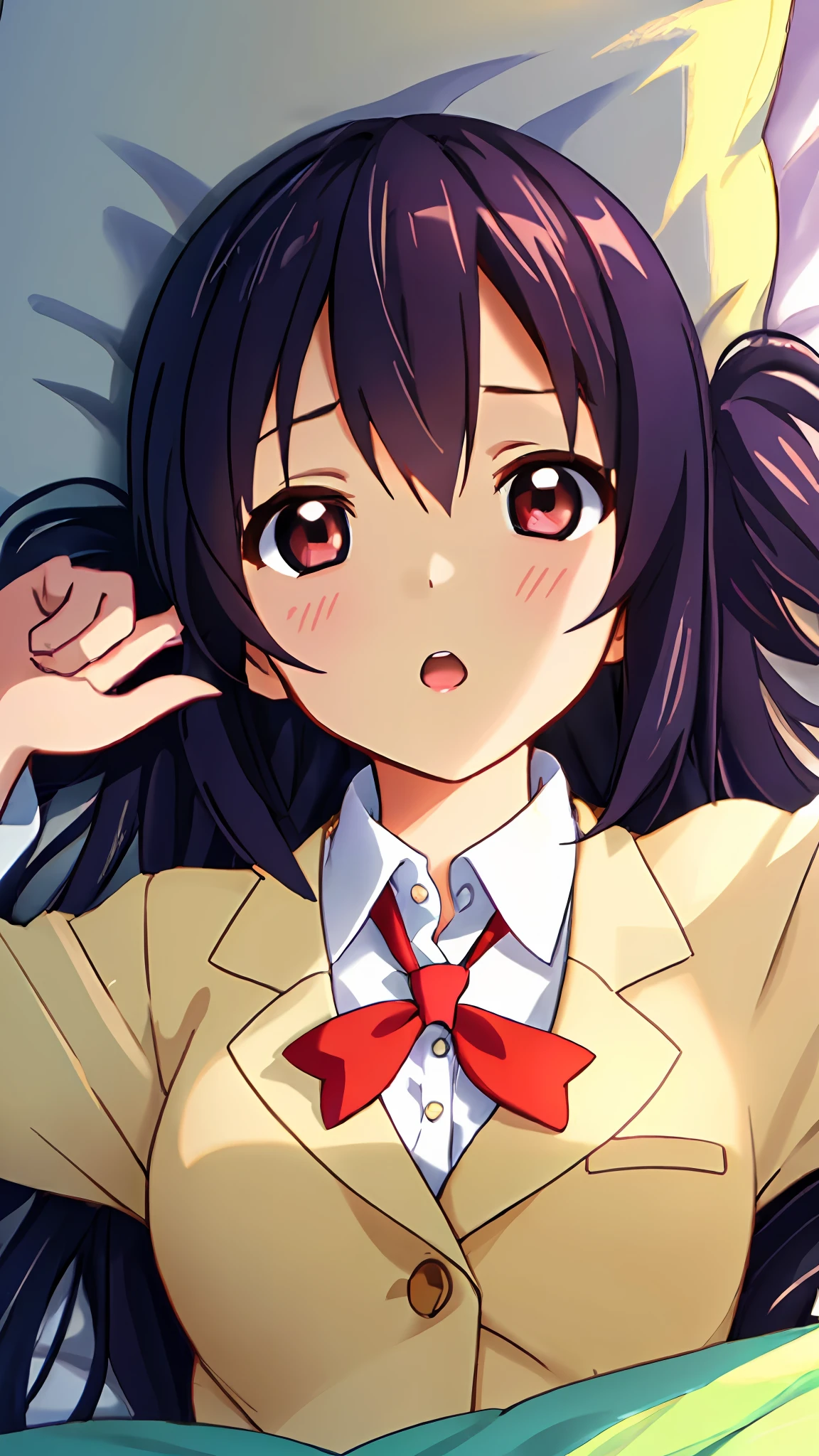 1girl, (((​masterpiece))), top-quality, top-quality, High Details, nakano azusa, 1girl, Sakuragaoka High School Uniform, student clothes, Twin-tailed, length hair, A dark-haired, brown-eyed, 独奏, reddish, Dark blue blazer with thin red ribbon, Solid white buttoned shirt under blazer, illustratio, comic strip, soothing tones, Subdued Color, Soft cinematic light, adobe lightroom, photolab, HDR, intricately and hyper-detailed、(((depth of fields))))。(((​masterpiece)))。(((top-quality))).)((ultra-detailliert)))。(((illustratio)))。(((a bed))).dynamic focus.big breasts.(((Face of sadness))). open mouth.(((lie on one's side))).(((up chest))).((evening glow)).((the setting sun)).PILLOWS