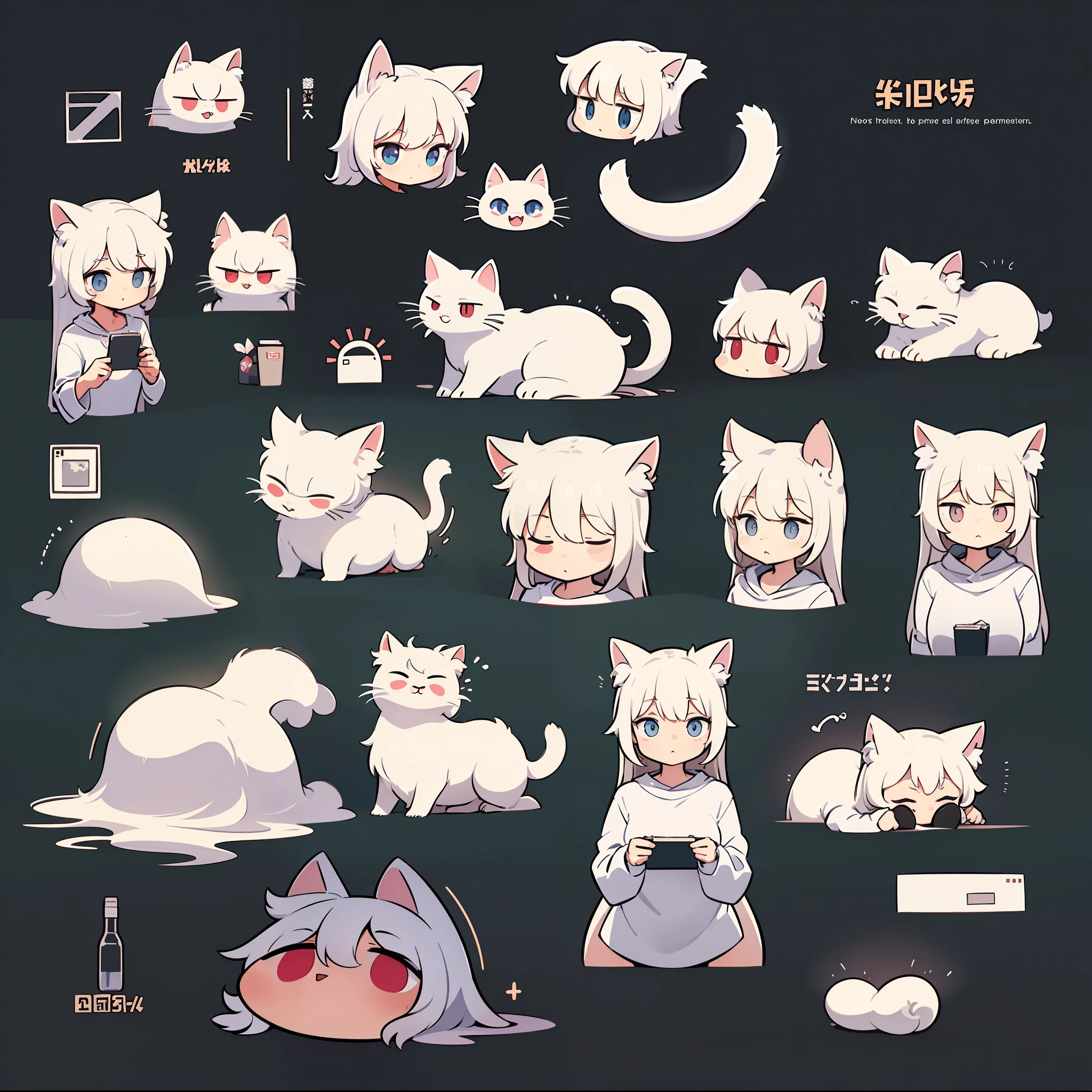Cat-eared girl wearing headphones A variety of black and white clothing designs，3×3 format images，A set of illustrations，The spacing between each element is equal，There is no overlap，Old memo kernel，Two image views，namely the frontview、the sideview、white backgrounid、Different image views  ，organic shapes and lines，illustratio，Flat illustration style，Flat illustration style，Danish design"