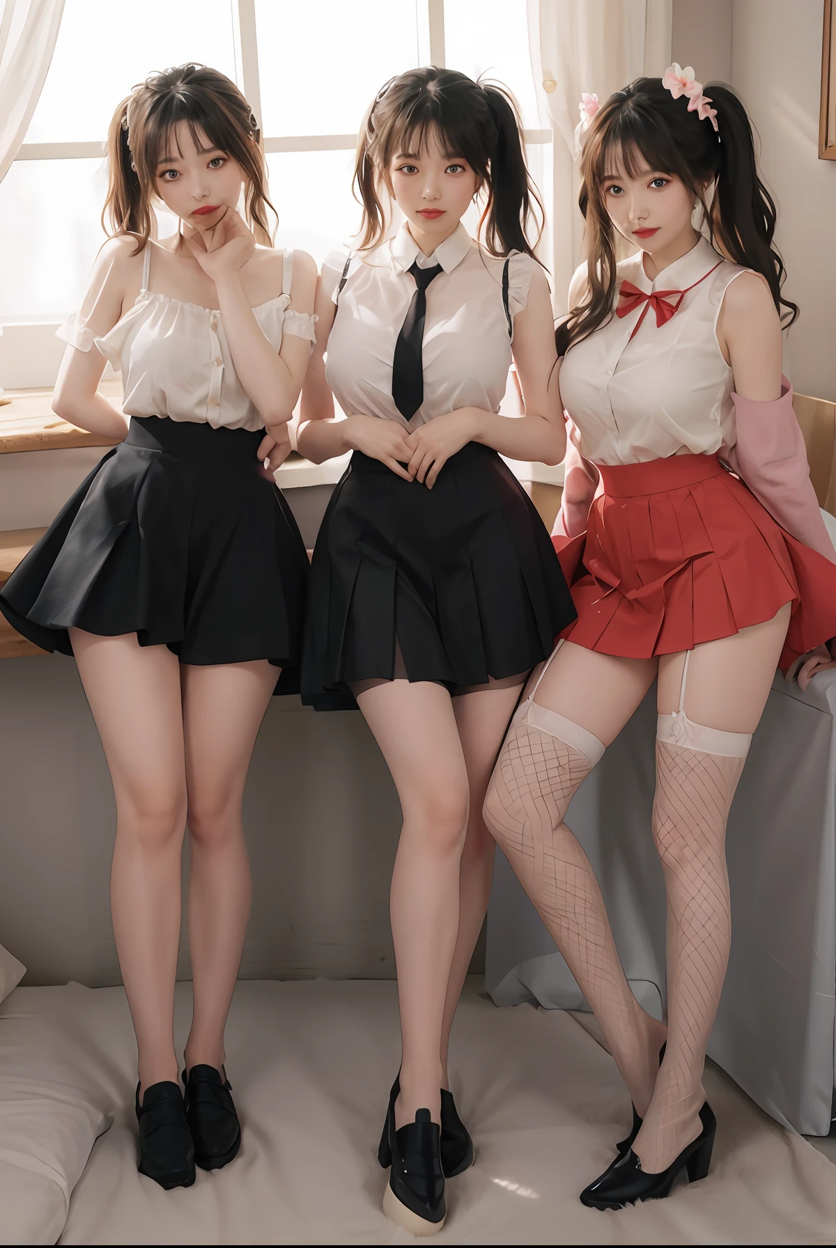 tmasterpiece:1.2,best qualtiy),hentail realism,(Real pictures,rich detail details,depth of fields),(1个Giant Breast Girl,独奏),putting makeup on,high detal,Perfect face shape,(:1.4),(dent in the skin),Thigh thick,Wide hips,Thin waist,highr,coral,Redlip,red eyes,pony tails(Kizi,Shallow tulle,Tulle transparent),(sweat leggs:1.2),(dampness),Raised sexy,Be red in the face,(shyexpression), vests,Harnes,belly-bar,shorter pants,Hosiery,Yoga pants for,Tight skirt,skin-tight short-pants,stocklings,fishnet stockings,pyjamas,pleatedskirt,Skirt,Skirt that wraps hips,There are flowers on the clothes,Full body like,full bodyesbian