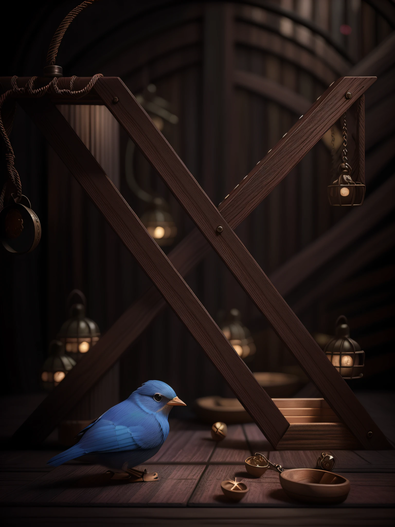 a blue bird, chibi style, with oversized head, at a prison cage made with "X" in wood and wire, trapped inside it, trapped inside X. (trapped in a wooden "X" letter jail cage), volumetric, Intricate details, studio lighting, realistic background, style raw, beautiful, RAW photo, masterpiece: 1.2, (realistic, photorealistic: 1.37), professional lighting, photon mapping, cute 3d render, cute detailed digital art, cute digital painting, stylized 3d render, cute digital art, cute render 3d, cute, c4d, high quality, 8k, best quality