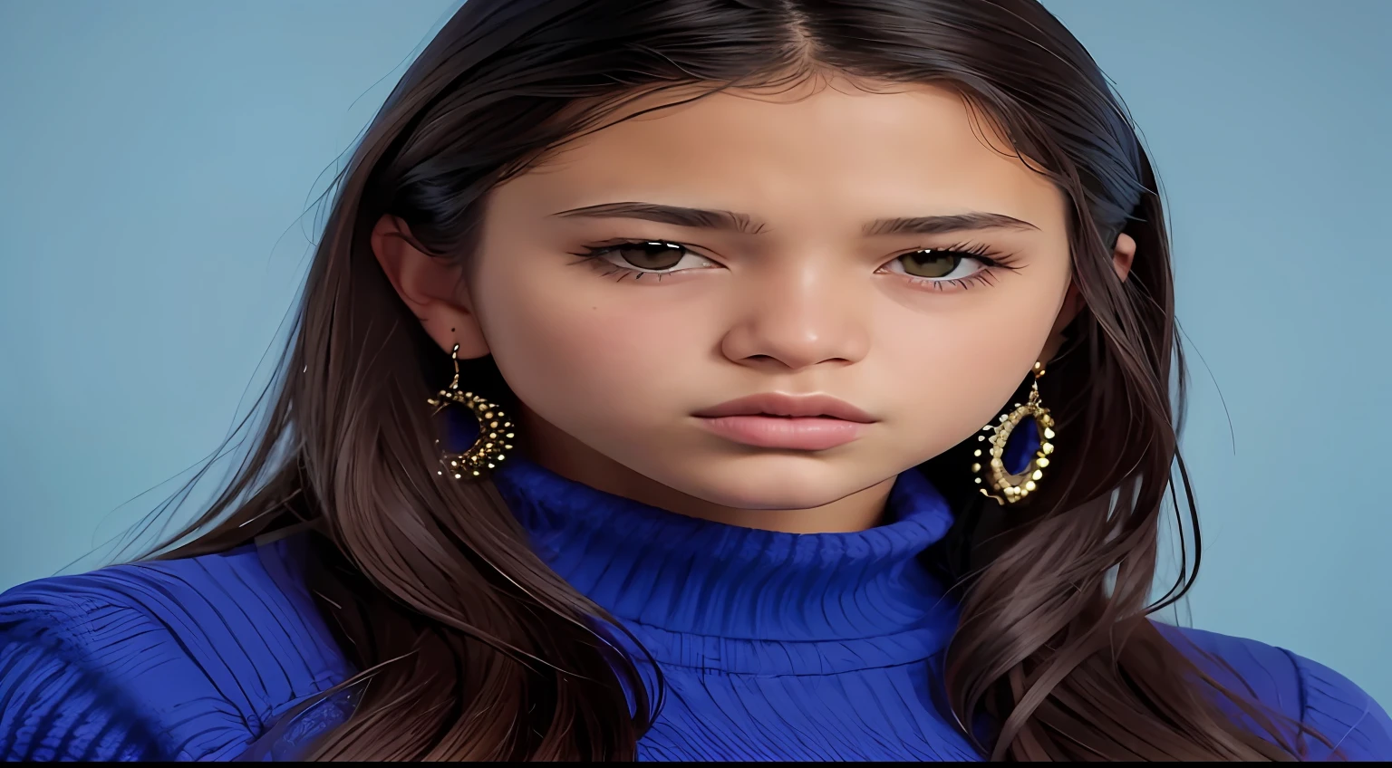 Raped image of a young woman with long hair wearing a blue turtleneck, Isabela Moner, lindo modelo jovem, retrato editorial, retrato de beleza detalhado, realistic studio portrait, foto retrato bonito, foto retrato suave 8 k, retrato de alta qualidade, retrato colorido detalhado, foto retrato realista, close - up studio photo, Retrato Sophie Mudd, retrato ultra detalhado