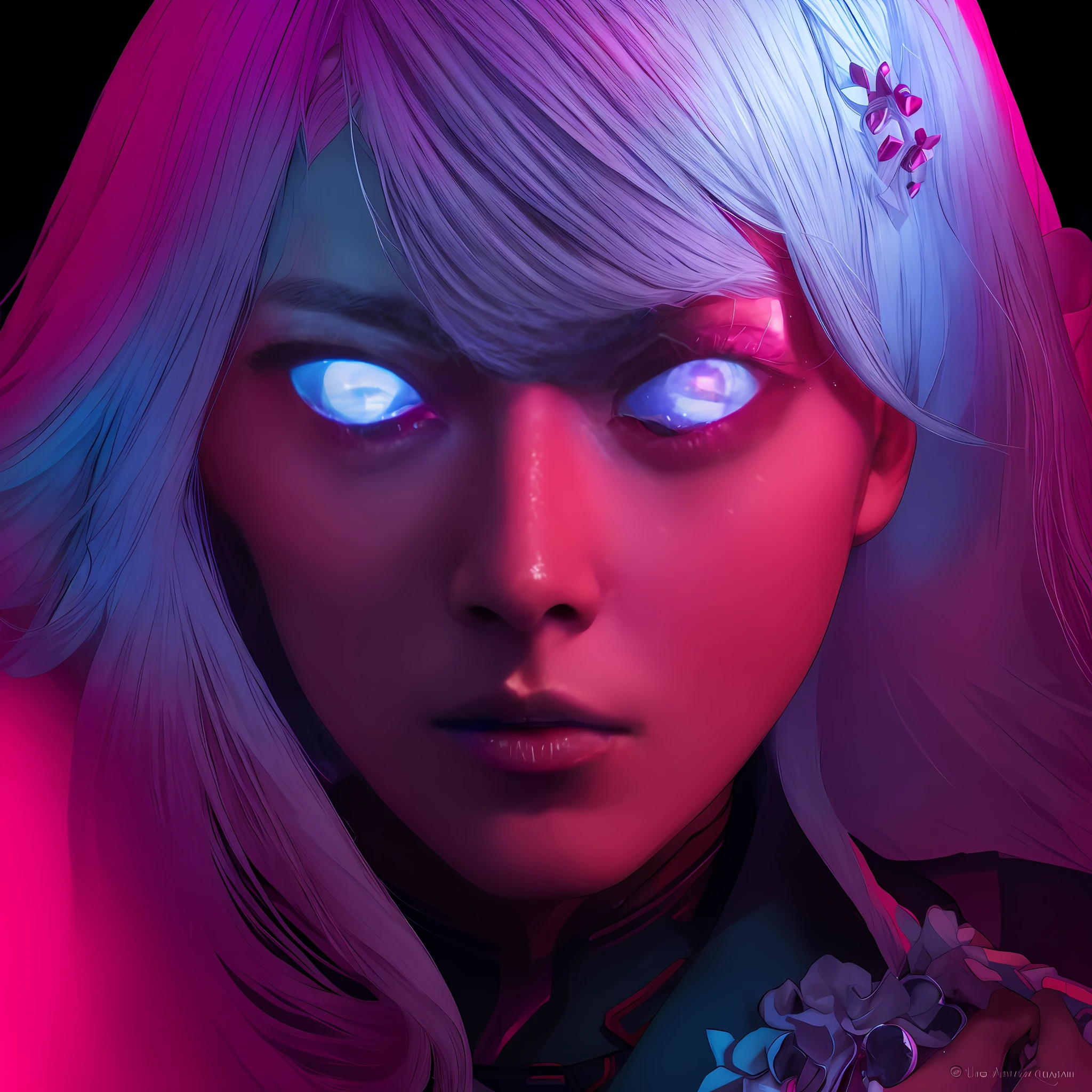 lucy \(cyberpunk\), 1girl, hair scrunchie, hime cut, silver hair, colored tips, full moon, grey eyes, jacket, long sleeves, looking at viewer, medium hair, multicolored hair, parted bangs, parted lips, pink hair, portrait, red eyeliner, red lips, solo, white jacket, cyberpunk \(series\), rainy night in a cyberpunk city with glowing neon lights