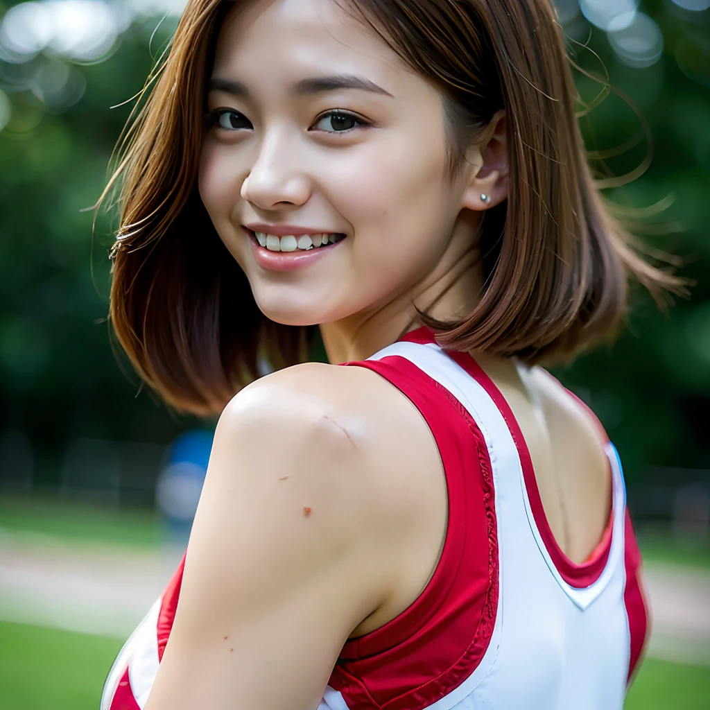 (Best Quality, masutepiece, Ultra High Resolution, (Photorealistic:1.4), Raw photo), (angle from below, close-up of buttocks to shoulder), 1 girl, (cheer girl, Cheerleader Uniforms), , ultra gigantic tits, Black medium bob hair, Very beautiful face, Very beautiful eyes, Smile, Dynamic Pose, Detailed arm, Detailed fingers, beautiful and shiny skin, small ass