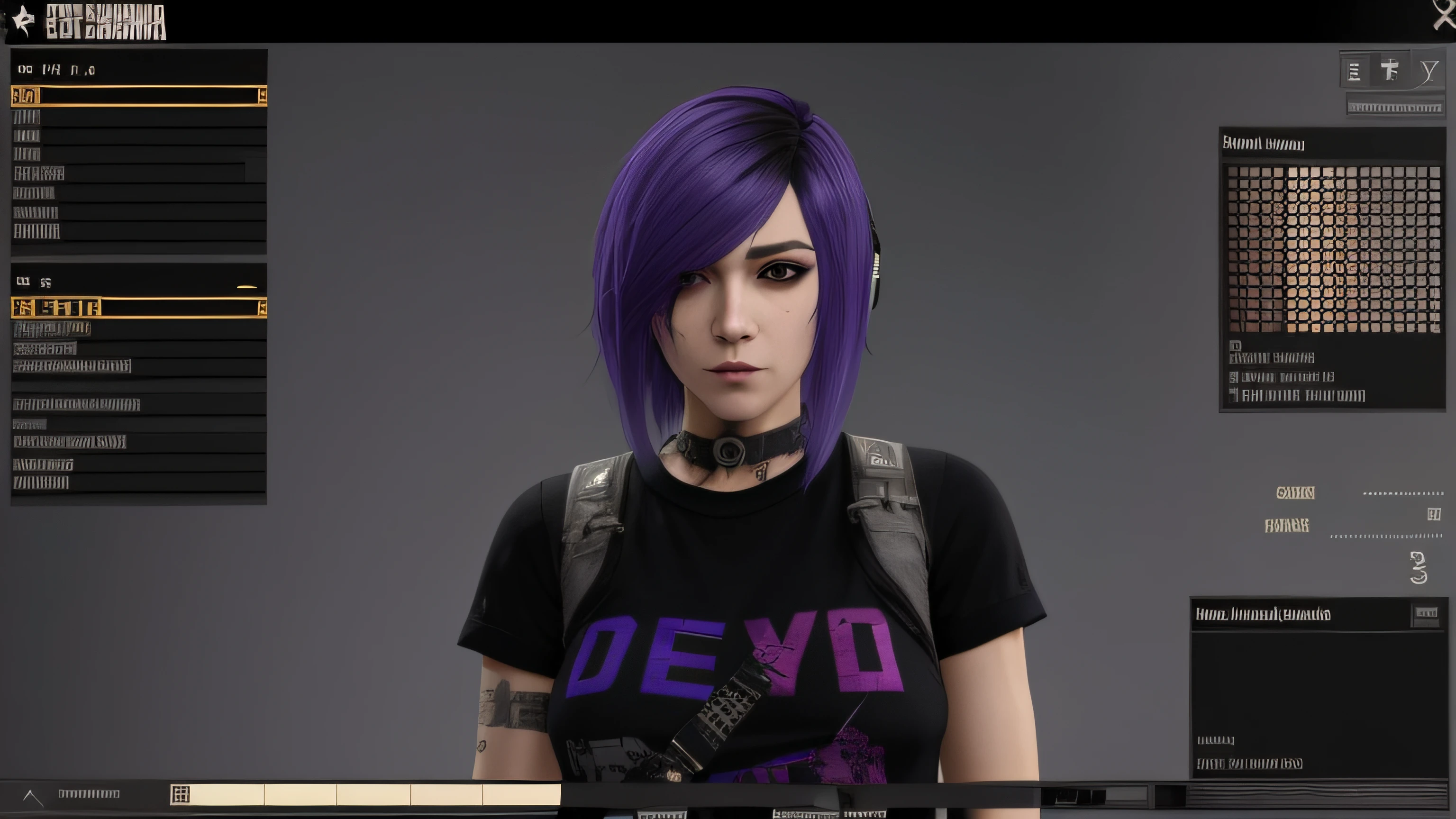 um close up de uma pessoa com cabelo roxo e uma camisa preta, dark purple hair and cybernetics, Dicas de Yayoi Kasuma, cabelo punk detalhado, corte de cabelo tingido cyberpunk, Jet Black Haired Cyberpunk , estilo de espelho\Borda, ela tem cabelo roxo, sigma female, chloe price, meninahpunk, halfbody headshot, mechanic punk outfit