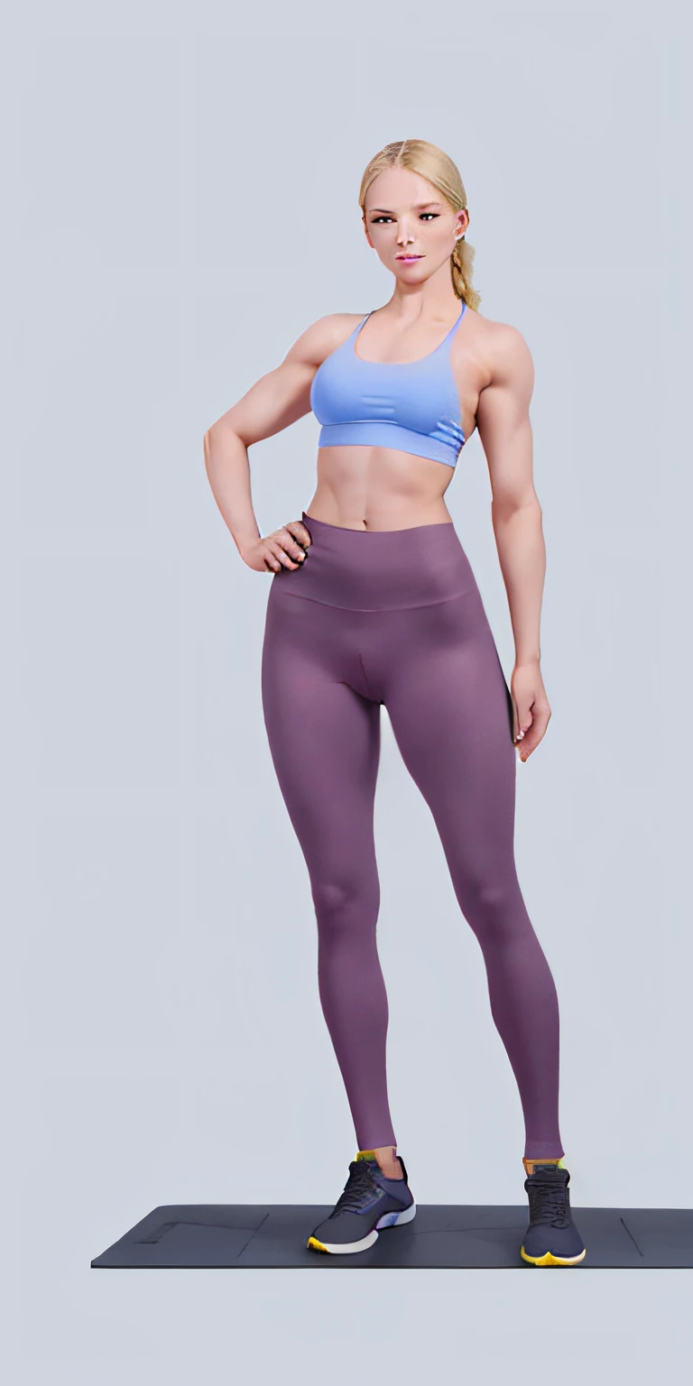 create a beautiful woman 20 years old 170cm 60kg straight blonde hair blue eyes charming smile her body was attention-grabbing, well-toned, athletic with a large bust; they had muscle mass, body fit, body shape, ; inside a gym wearing black leggings and yellow top