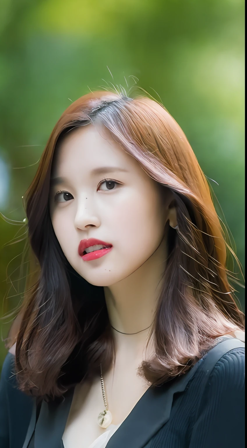 Mina, ((Best Quality, 8K, Masterpiece: 1.3)), Upper Body (1.3), Outstanding Style, Natural Makeup, Clothes that emphasize cleavage, Refreshing, Eat lunch at a café in the sun through the trees in the city