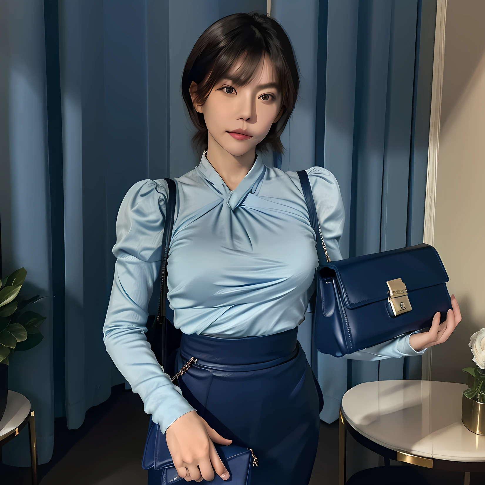 There was a woman holding a blue purse with a wrist, holding a briefcase, holding notebook, full subject shown in photo, briefcase, holding a leather purse, rich details​, Detailed picture, product introduction photos, Leather Pouch, elegant appearance, holding a stuff, sleek hands, blue gray, detailled image, multiple details, Young Lady, blue soft details