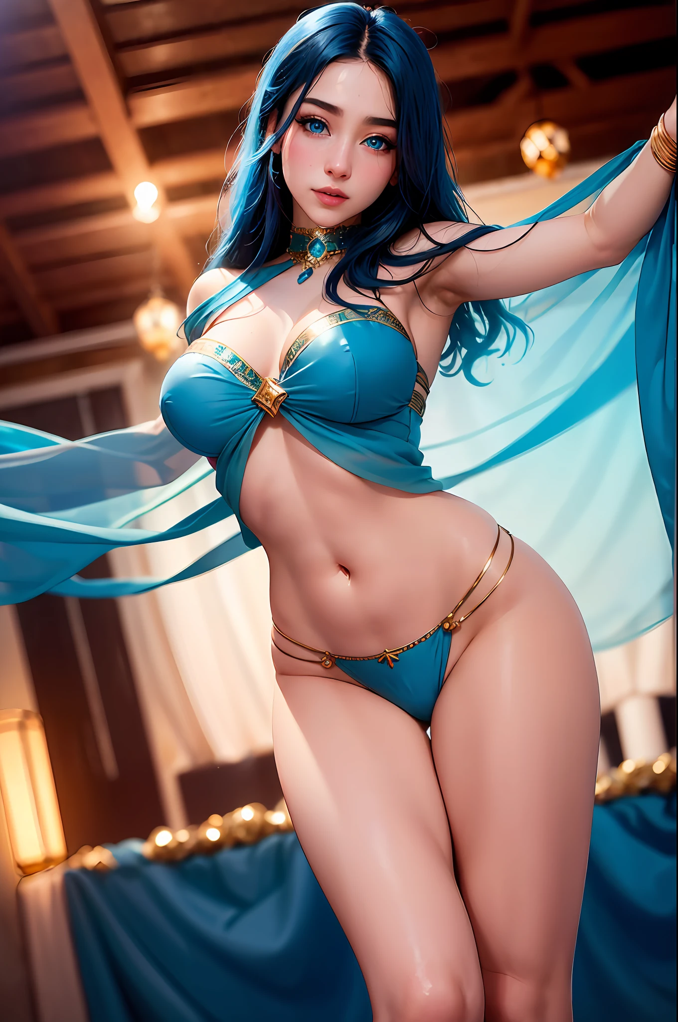 A mesmerizing and serene image of a stunning, blue-eyed belly dancer, passionately dancing in the vibrant colorsstill emerging from the shimmering azure sky. The dancer's soft, ethereal eyes, vibrant rippling color and elegantly draped attire create a dreamy, ancient setting, and the soft, dreamy lighting adds a dreamy, otherworldly quality. wide aperture, soft light, high ISO, bokeh by Alexia Yekta by Anastasia Parveen