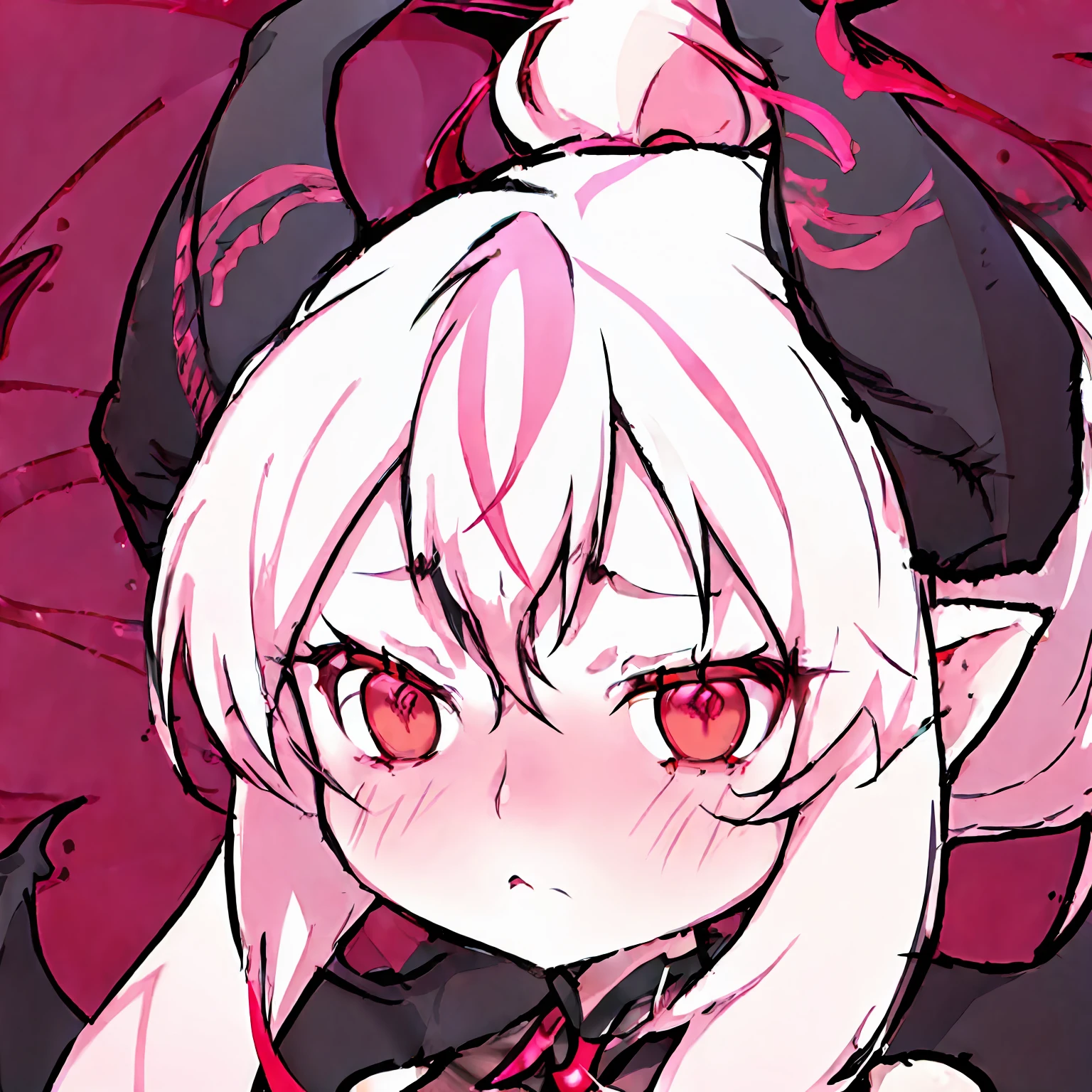 best quality, 1girl, chibi, succubus, horn, cute, white hair, (disappointed:1.2), simple background, looking away, red eyes , ponytail hair style,