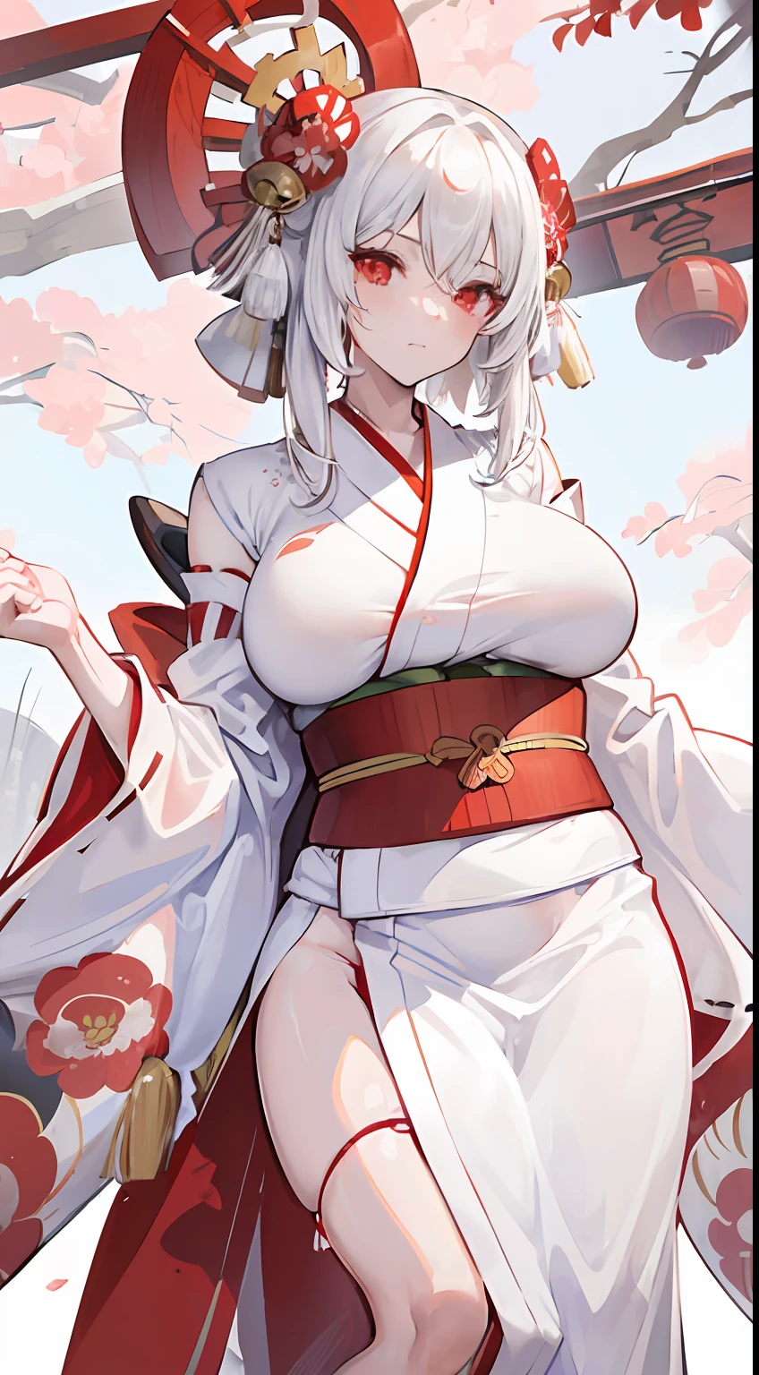 (1 milf:1.4), (Female ,cum shots,Futanari:1.3),white hair,Red Eyes,shorth hair,A Japanese style,Japanese style hair ornaments,(Colossal tits) , (White kimono:1.6),Daytime,Mare,Japanese style background,Confident behavior,morning,Refreshing,masutepiece, Best Quality, (Anatomy:1.5)