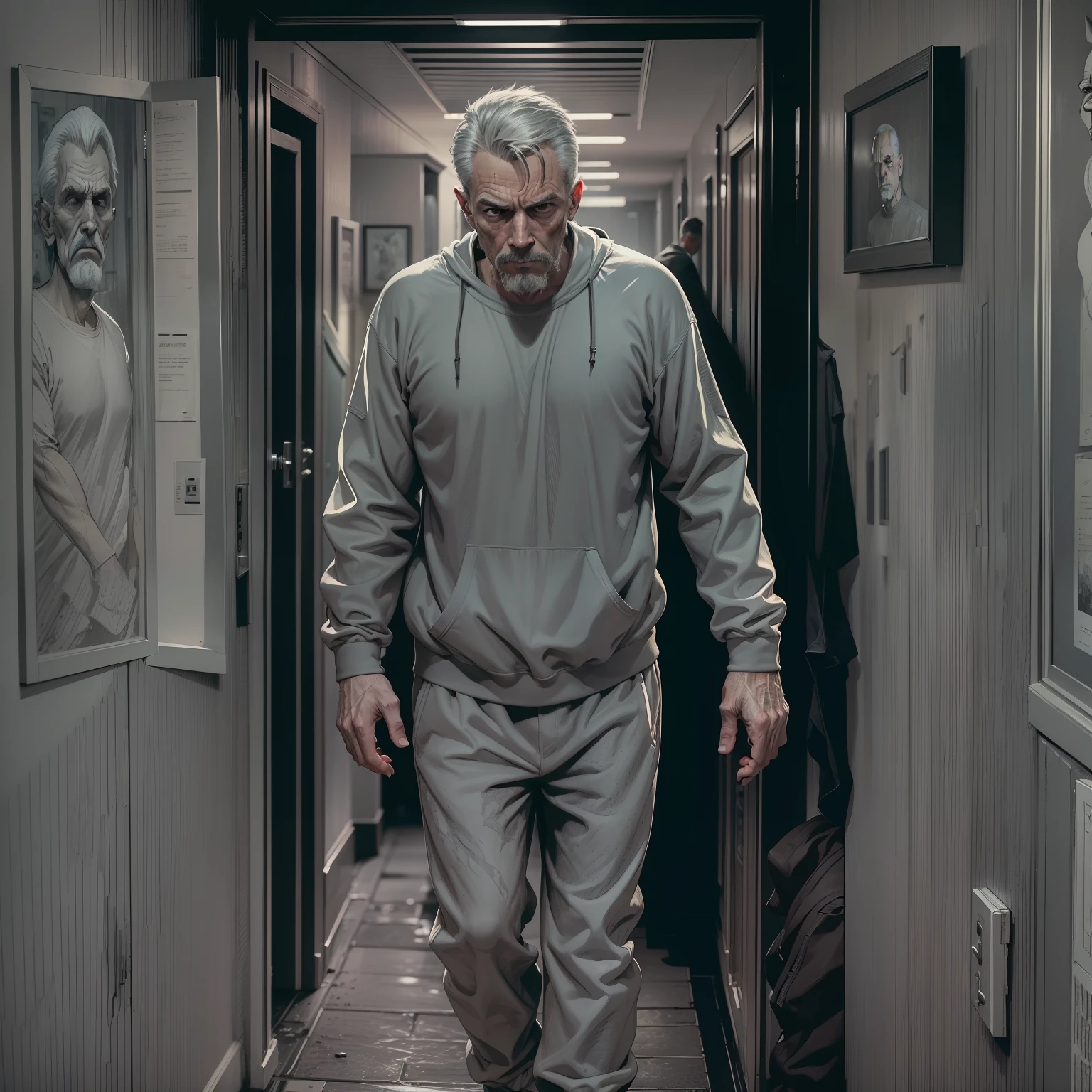 very detailed and extremely intricate 8k image in horror graphic novel style art of a 50 year old man dressed in a gray sweat suit walking down a hallway of a simple dark house,sadness expression, night