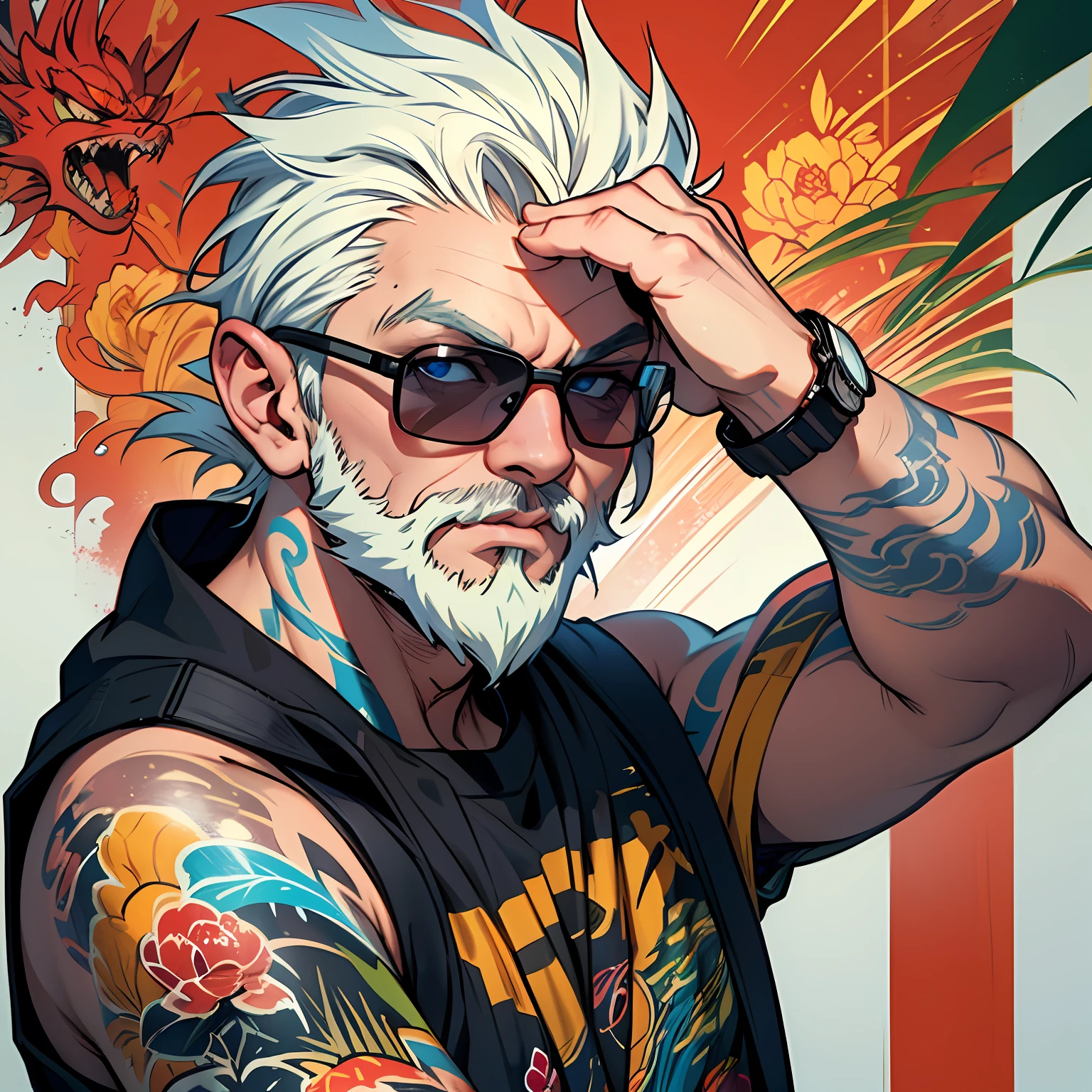 A close-up of a white-bearded grandfather,frontage,Wear a sweatshirt,With a baseball cap,Wearing sunglasses,((Take a picture with a DSLR camera:1.2)),Dragon Ball painting art style,Japanese cartoon style,Wearing glasses,There are tattoos on the arms,Wrist watch。