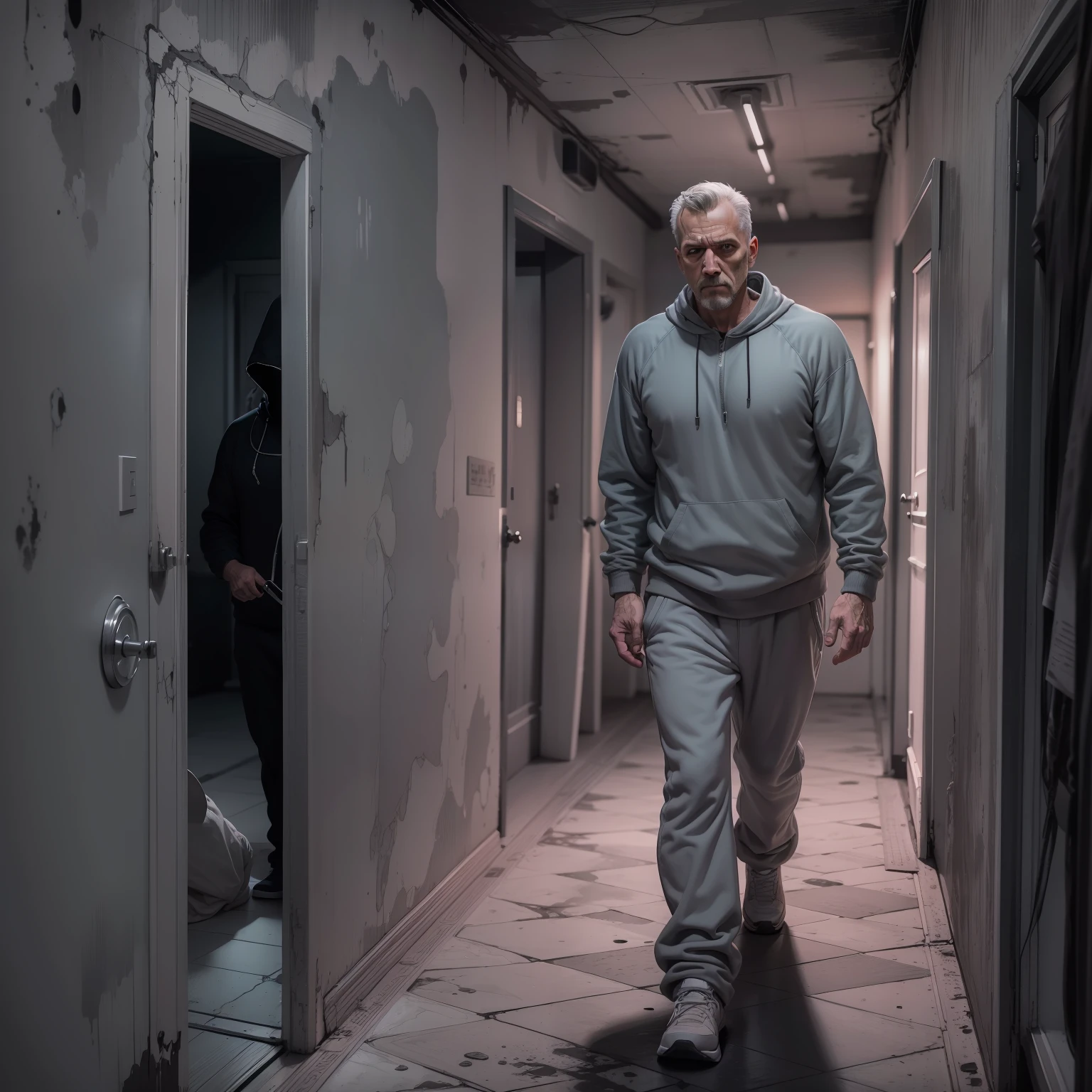 very detailed and extremely intricate 8k image in horror graphic novel style art of a 50 year old man dressed in a gray sweat suit walking down a hallway of a simple dark house,sadness expression, night