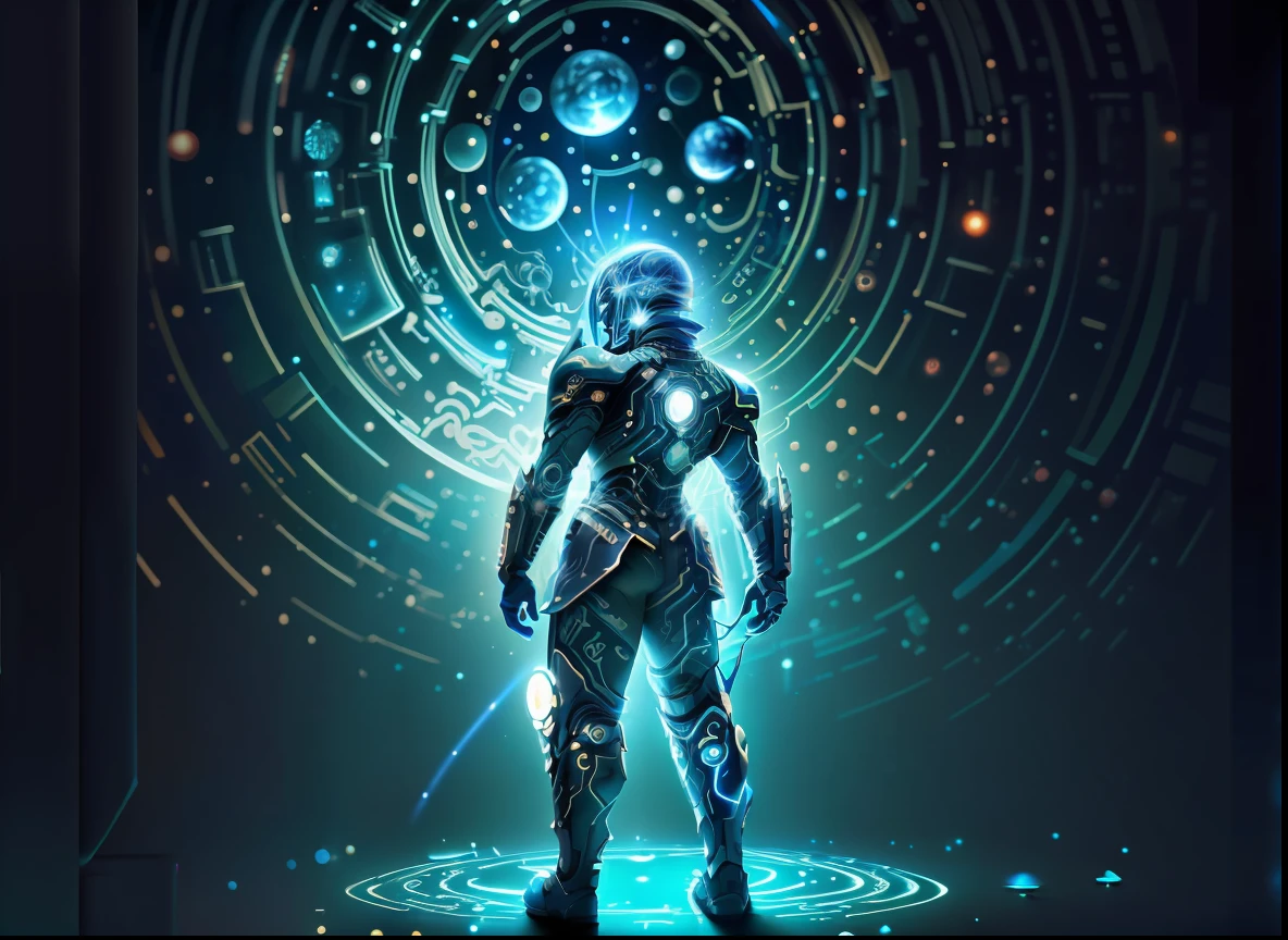 Esfera de luz intensa, universo, sol, 4k, imagem realista, homem loiro traje espacial azul