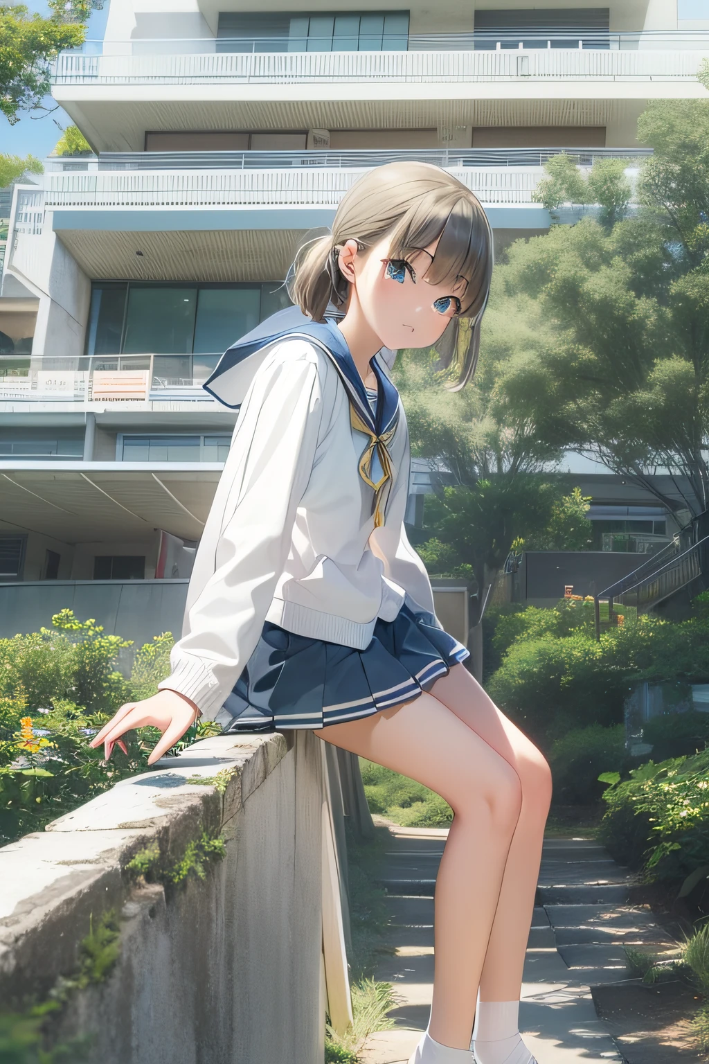 1 High School Girl、Summer clothes in white and dark blue、Climb the slope to school、tall trees on both sides、Looking at the camera