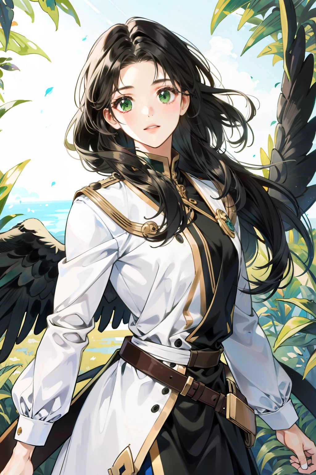 1 girl, long black hair, green eyes, knight, strong and cute, angel