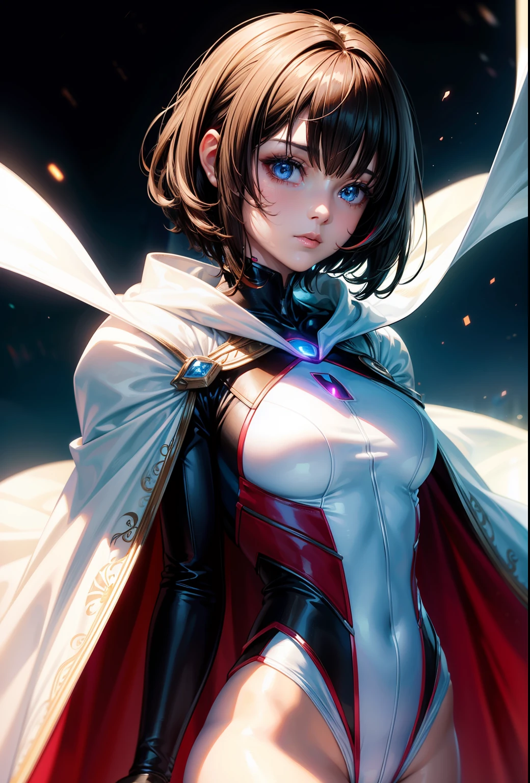 Hyperrealistic masterpiece brunette short hair ((with glowing colorful fringe)) Superheroine in detailed tight plugsuit ((with white cape)) in Bloodbourne style, cinematic illumination : Black Ink Flow: Ultra HD