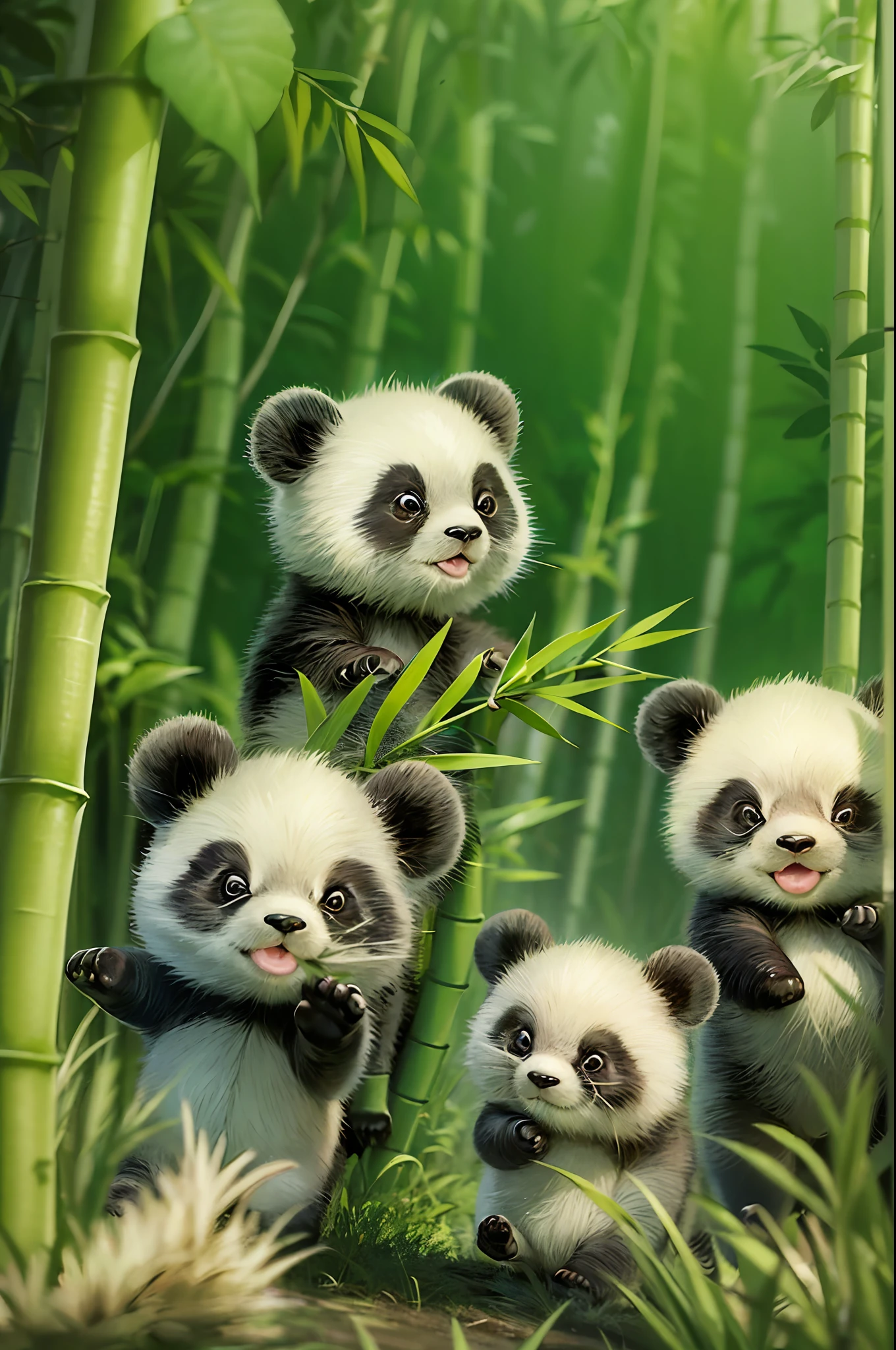 five cute fluffy baby panda walking around in bamboo forest. The illustration is in high definition at 4k resolution, with highly-detailed facial features and cartoon-style visuals.