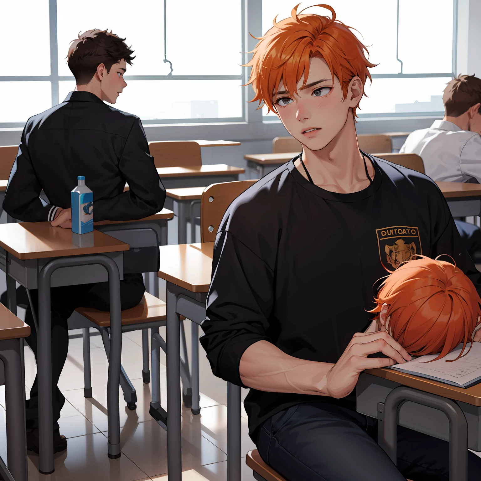 two friends 15-year-old boys with orange hair, They are at school talking worried about something important He tells a sad story to his classmate