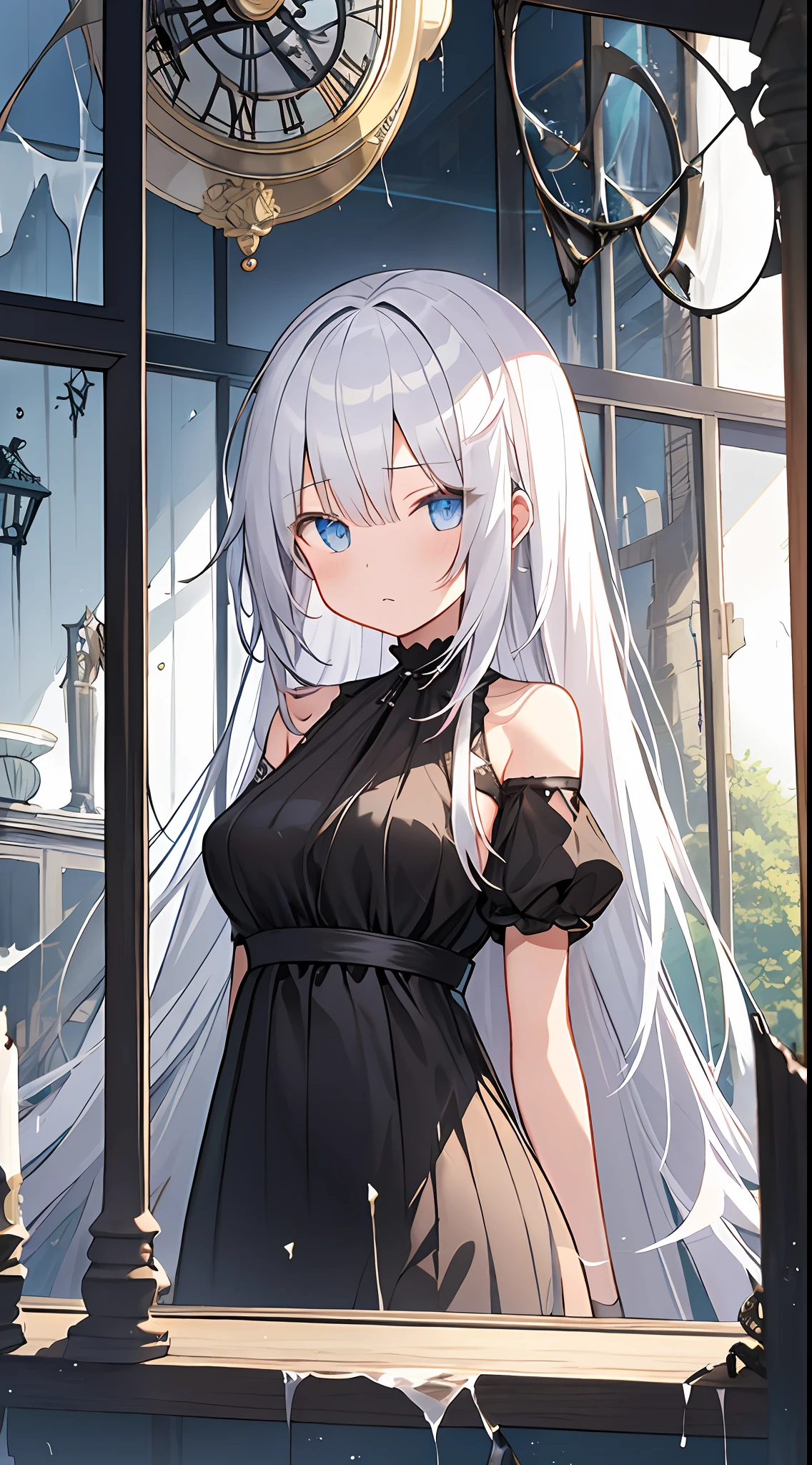 murky、natta、Broken glass,spider webs,furniture,window,clock,drapes,Ruins、masterpiece、One girl、Hollow eyes、white hair、Very long hair、Shoku、top-quality、Top image quality