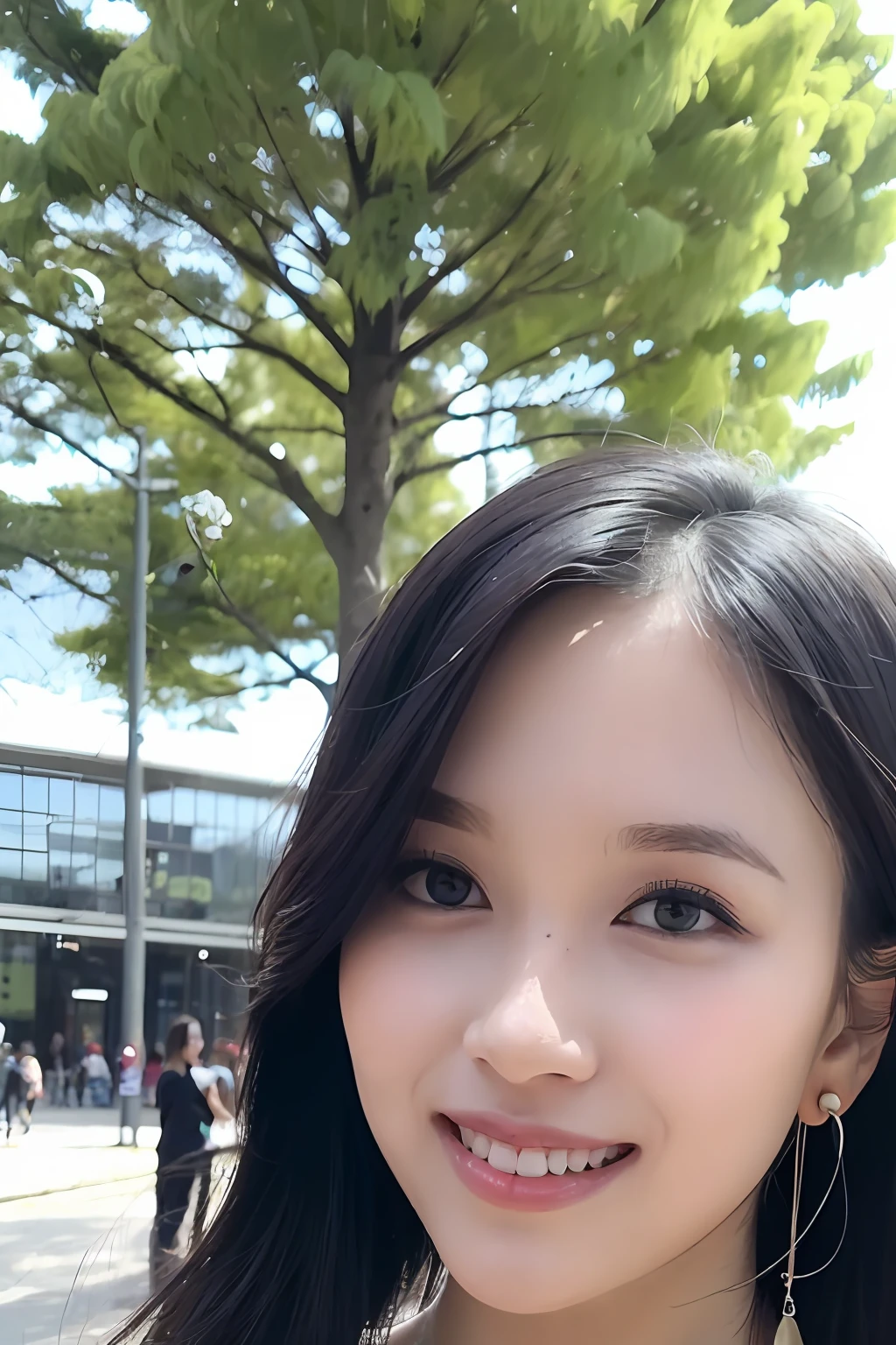 1girl,black hair,photo of mntwmina,earrings,best quality,(detailed face:1.4),(looking at viewer:1.4),shiny skin,smile,beautiful city background,best wallpaper,(sun lighting:1.2),((random perspective)),low angle,upper body,