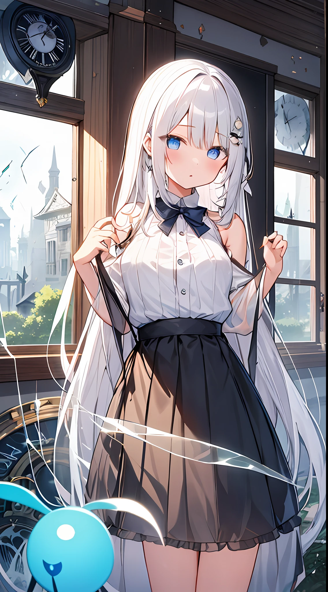 murky、natta、Broken glass,spider webs,furniture,window,clock,drapes,Ruins、masterpiece、One girl、Hollow eyes、white hair、Very long hair、Shoku、top-quality、Top image quality