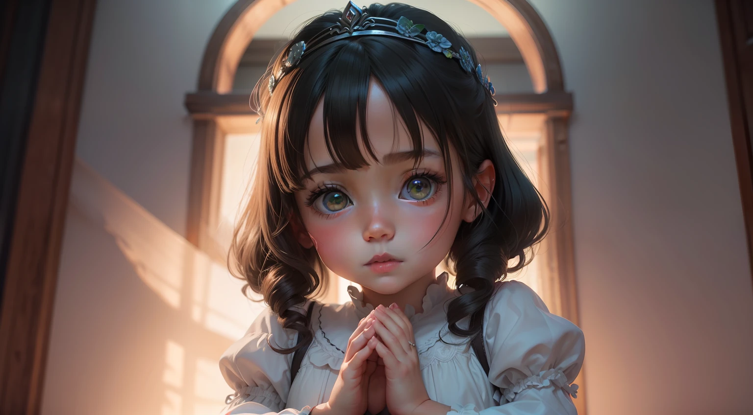 (obra-prima), (melhor qualidade), (Ultra Detalhado),(cabelo liso curto),(illustration),(Arte infantil), Menina de 5 anos de olhos verde esmeralda,(Rezando),(Pose da testa), dressed in her children's wedding attire with a lighted lamp by her side, Motor Unreal 5, 8k portrait render, painting digital adorable,photorealistic anime children's art rendering,5 year old girl in front pose with two little hands together PRAYING,((praying)), e usando velcro , Artgerm ; motor 3d irreal,