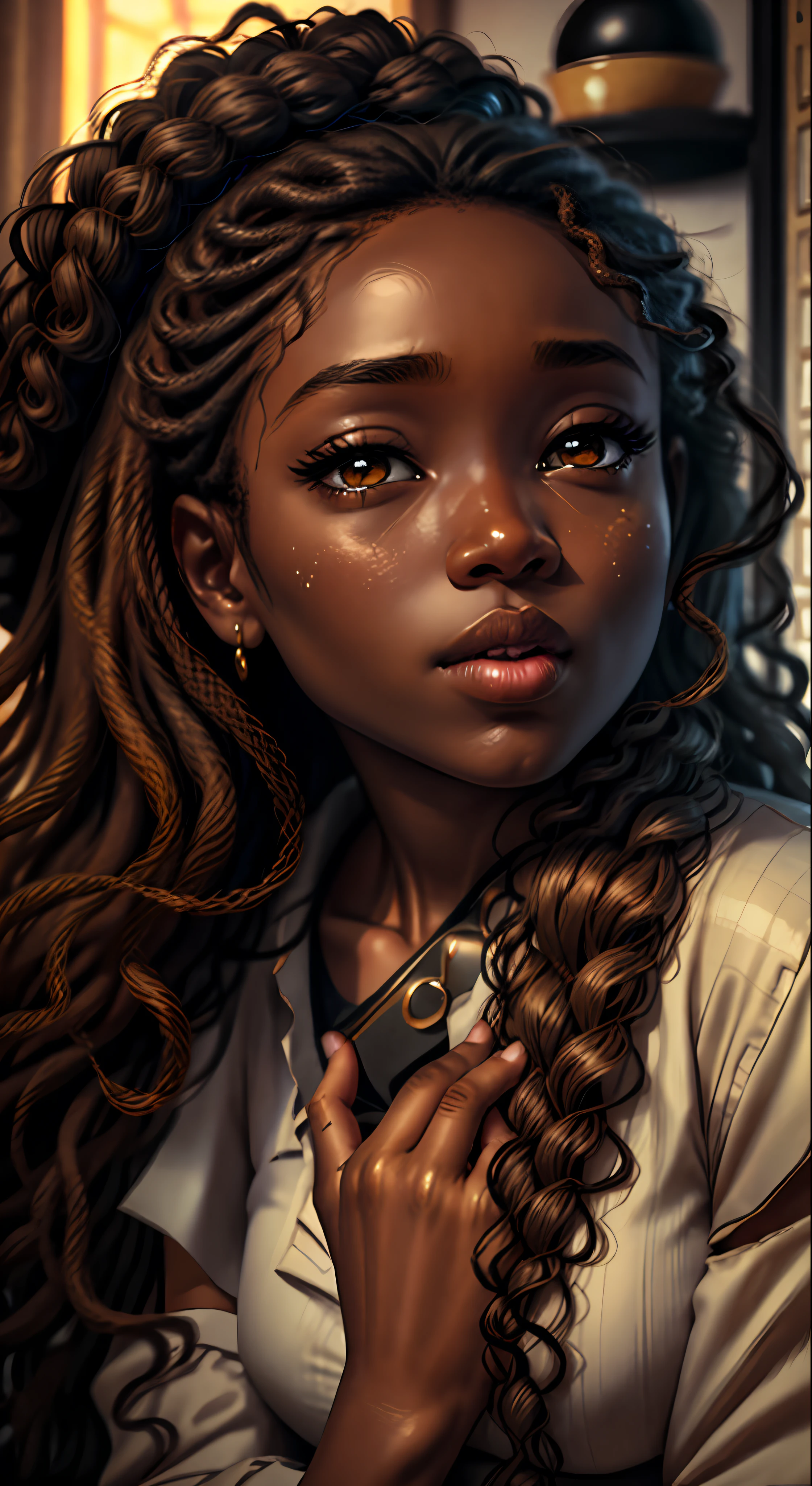 Super Big, Face Close, (hazel eyes), african style, curly hair, closed mouth, delicate big cheeks, Surrealism, 8k, super detail, masterpiece, best quality, (extremely detailed CG unity 8k wallpaper), (best quality), (best illustration), (best shadow), absurdres, realistic lighting, (Abyss), beautiful detailed glow, detailed face