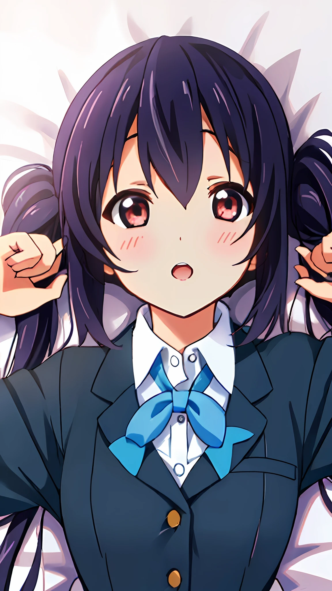 1girl, (((​masterpiece))), top-quality, top-quality, High Details, nakano azusa, 1girl, Sakuragaoka High School Uniform, student clothes, Twin-tailed, length hair, A dark-haired, brown-eyed, 独奏, reddish, Dark blue blazer with thin red ribbon, Solid white buttoned shirt under blazer, illustratio, comic strip, soothing tones, Subdued Color, Soft cinematic light, adobe lightroom, photolab, HDR, intricately and hyper-detailed、(((depth of fields))))。(((​masterpiece)))。(((top-quality))).)((ultra-detailliert)))。(((illustratio)))。(((a bed))).dynamic focus.big breasts.(((Face of sadness))). open mouth.(((lie on one's side))).(((up chest))).((evening glow)).((the setting sun)).PILLOWS