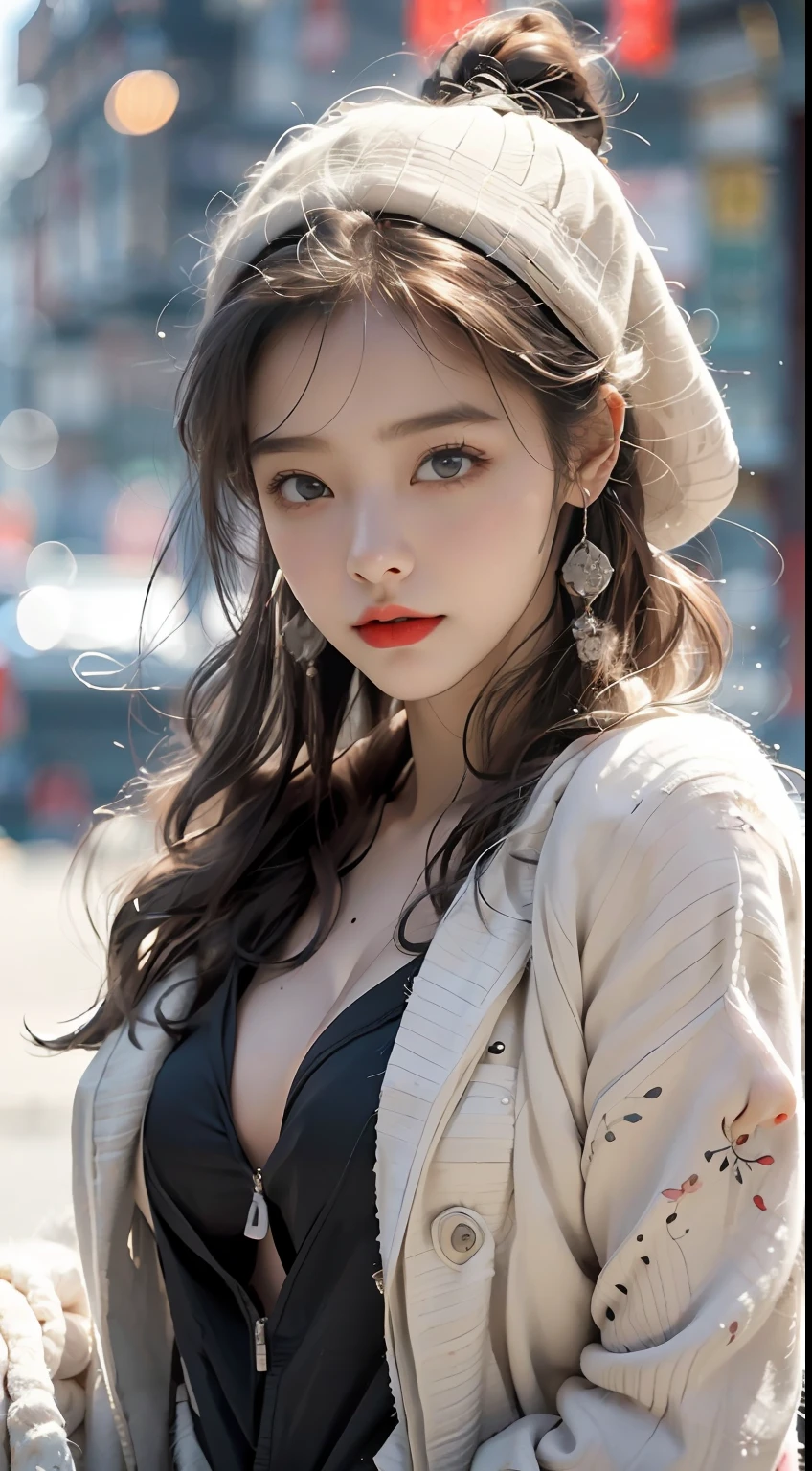 (best qualtiy,tmasterpiece,超高分辨率),(realisticlying:1.4),1girll,adult face,slim,(shiny skins),(contours,frontage,eventide),whaite hair,long whitr hair,黑The eye,(big cleavage breasts),Top fashion,((White plush coat)),(nevando:1.5,pedestrian street,The city in winter),(Clear eyes,(Clear nose,(Clear lips)),(Ultra-realistic plush maps),