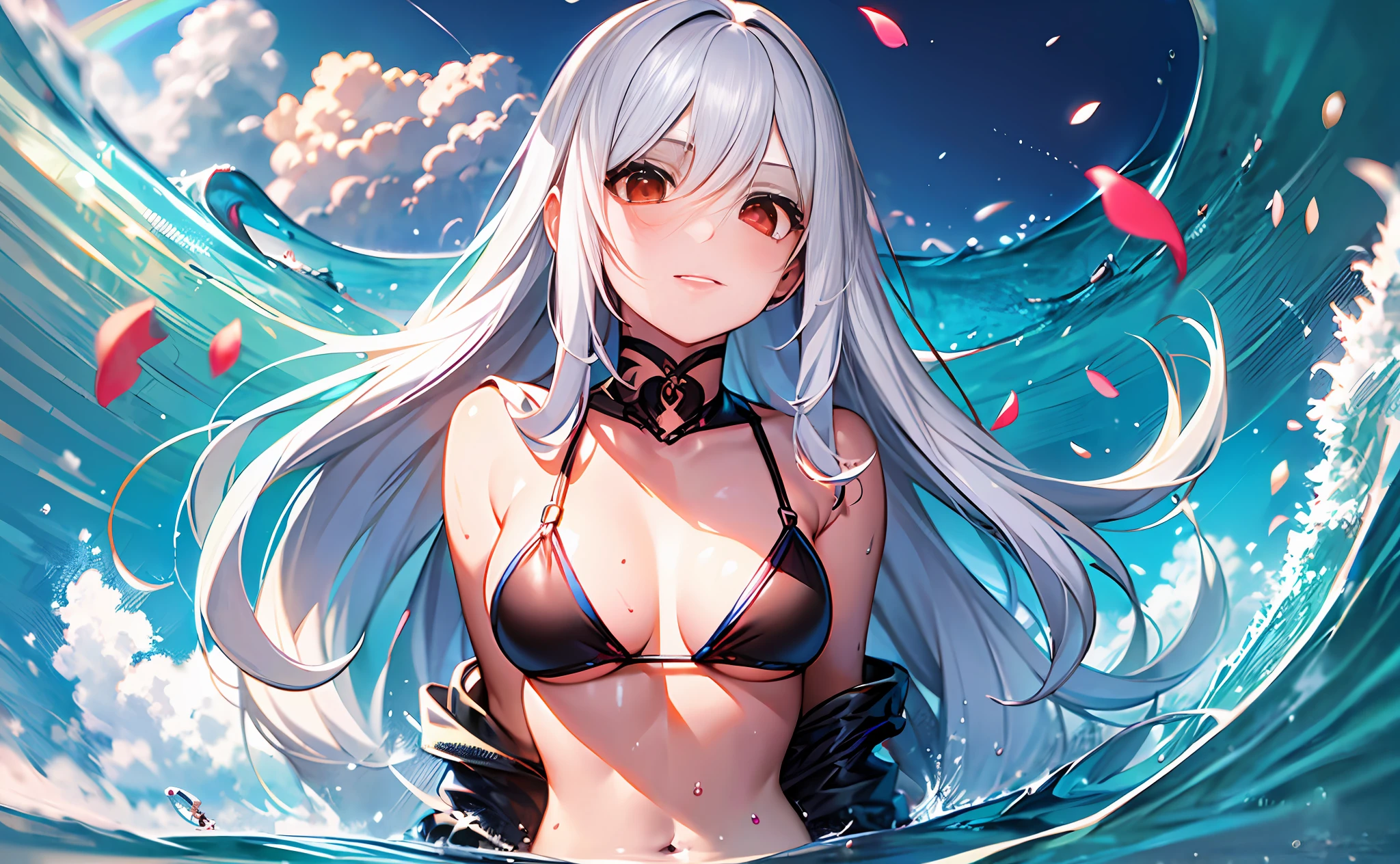 1girl,solo, white hair, Red eyes, Long hair and waist, surf, shell bikini, Several water balls float beside the girl, anatomically correct, masterpiece, high quality, high details
