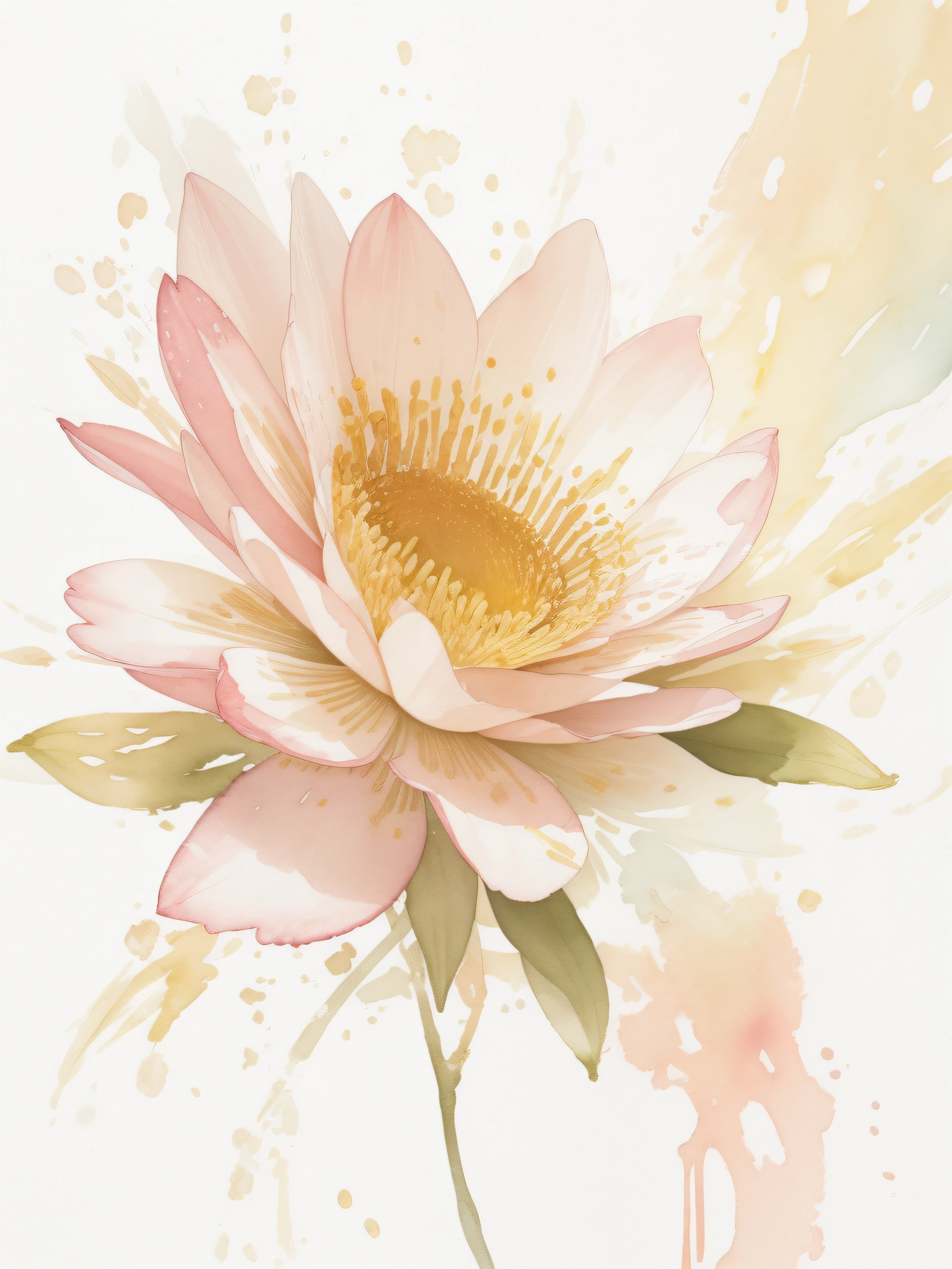 Watercolor flower painting isolated on white background、watercolor paiting、Splash technique to reproduce wet conditions、Blurry atmosphere、Unique composition、Abstract representation、Contains elements of surrealism、Pale tones、Pale pink and gold color scheme、high resolution details、Ink splash effect、Pale colors。