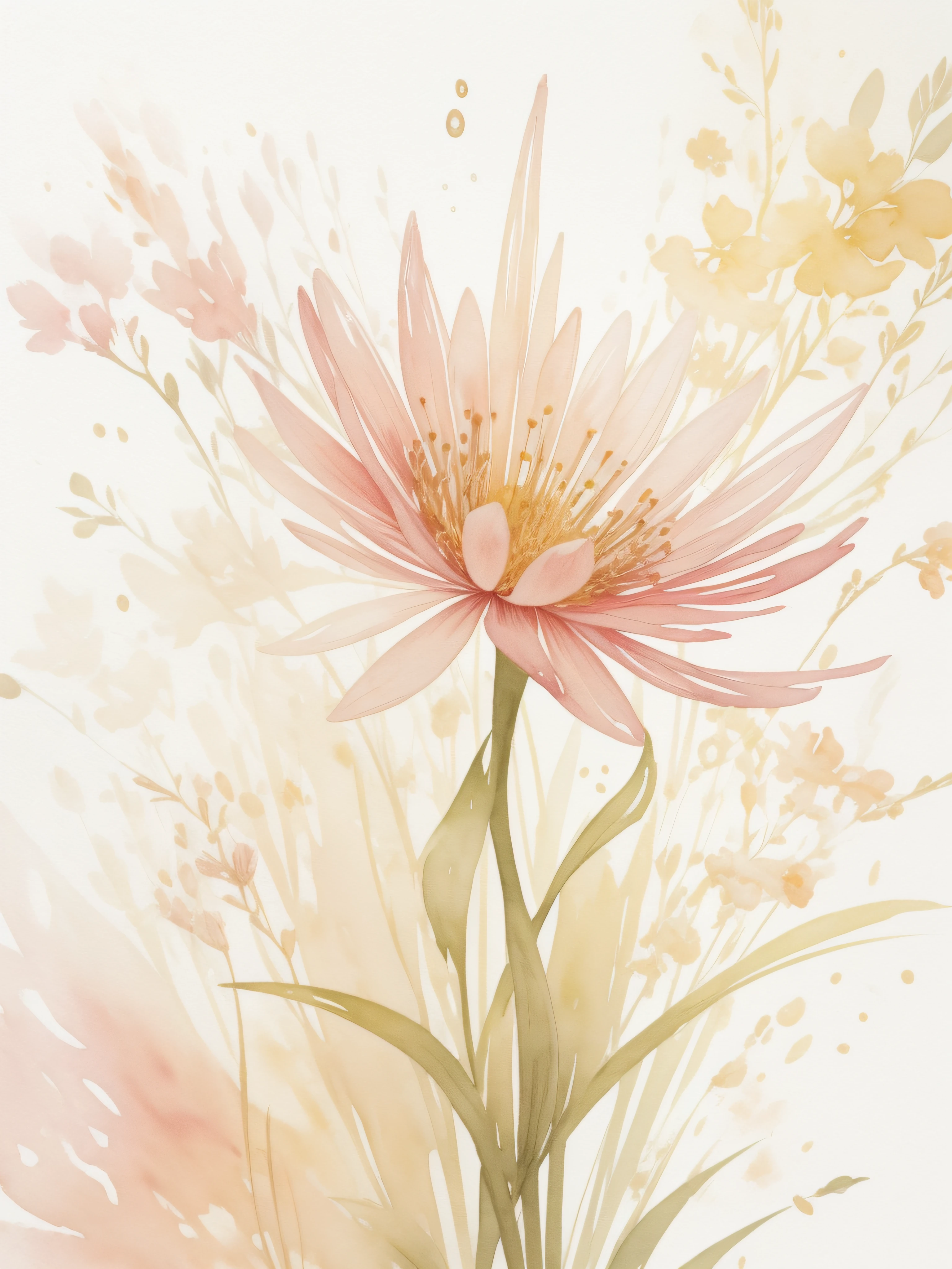 Watercolor flower painting isolated on white background、watercolor paiting、Splash technique to reproduce wet conditions、Blurry atmosphere、Unique composition、Abstract representation、Contains elements of surrealism、Pale tones、Pale pink and gold color scheme、high resolution details、Ink splash effect、Pale colors。