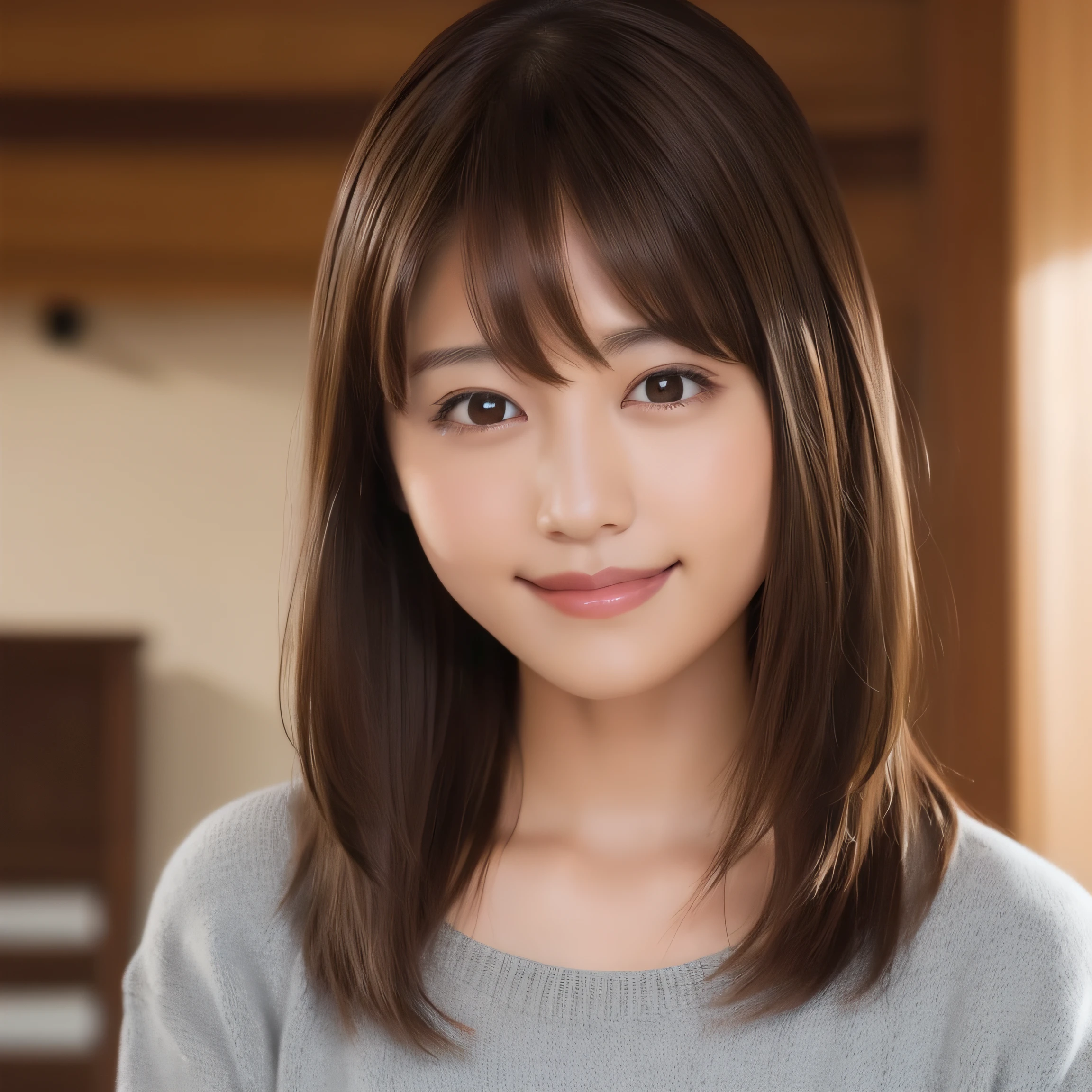 (Shy smile), (Brown eyes), Smooth skin, (Brown medium hair,Bangs), (touch hair:1.4),nogizaka