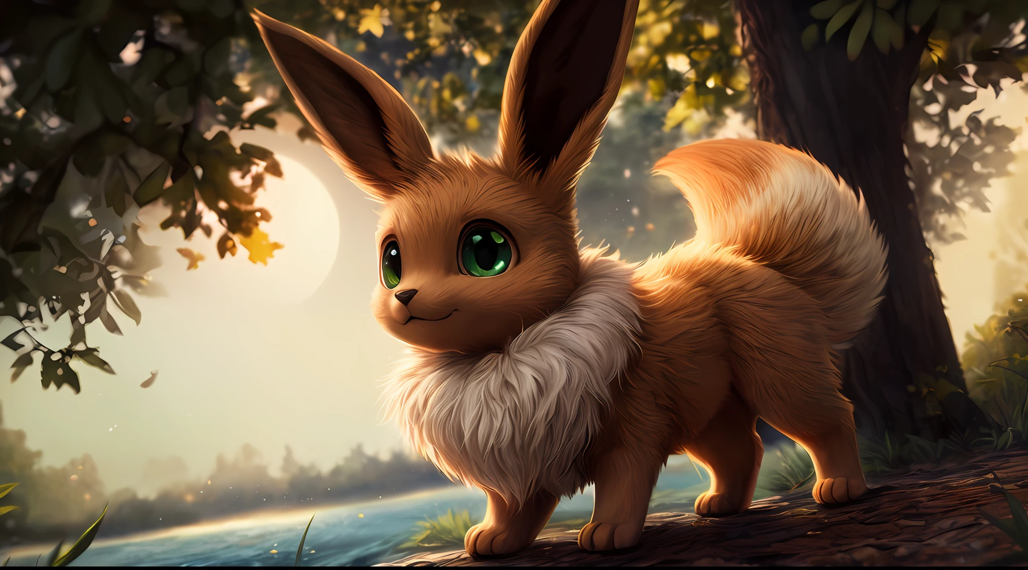 The little bunny is a child who likes to ask why,She always had a lot of big questions in her little head。。。,Like what,Why do carrots grow in the ground and not on trees?Why is the moon in the water after being scooped up,It becomes a small moon?Why do the stars in the sky always blink, Solo ((feral eevee)) with ((brown body)) and (white neck tuft) and ((Fluffy tail)) and ((clear green eyes)), (detailed feral brown fox eevee), (Detailed lighting), (detailed brown fox fur), Break, (Cinematic lighting), ((Detailed background)), ((Depth of field)), (half body shadow), ((Sunlight)), Break, ((Intricate, High detail, Film photography, Sharp focus, RAW candid cinema, Realistic, Photorealistic, analogue style, Subsurface scattering, Masterpiece, Best quality, Ultra photo realsisim, 8K)),
