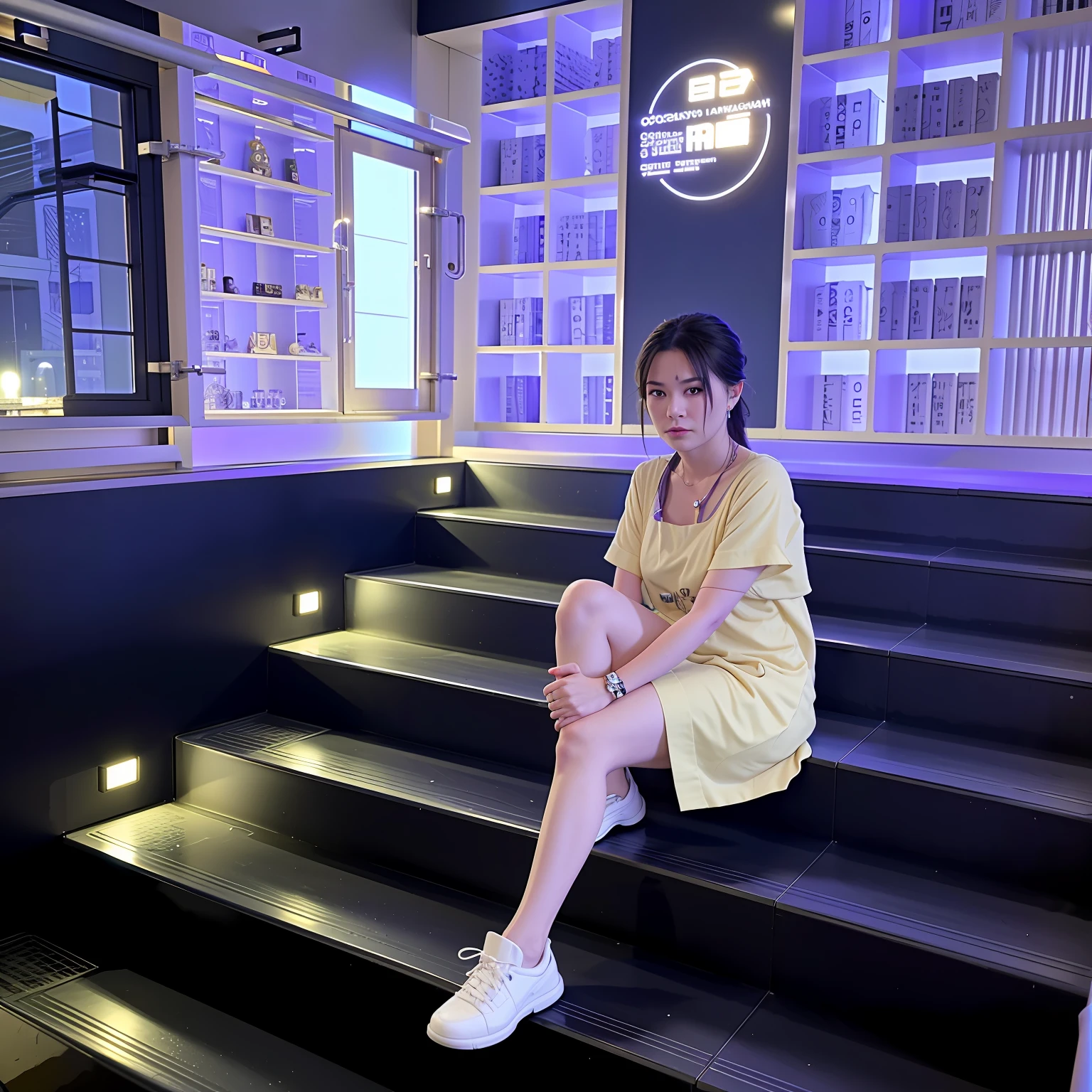 there is a woman sitting on the steps of a building, taken in 2 0 2 0, capsule hotel, 🕹️ 😎 🚬, taken with sigma 2 0 mm f 1. 4, photograph taken in 2 0 2 0, taken with canon 8 0 d, 🤬 🤮 💕 🎀, taken with sony alpha 9, shot on nikon z9