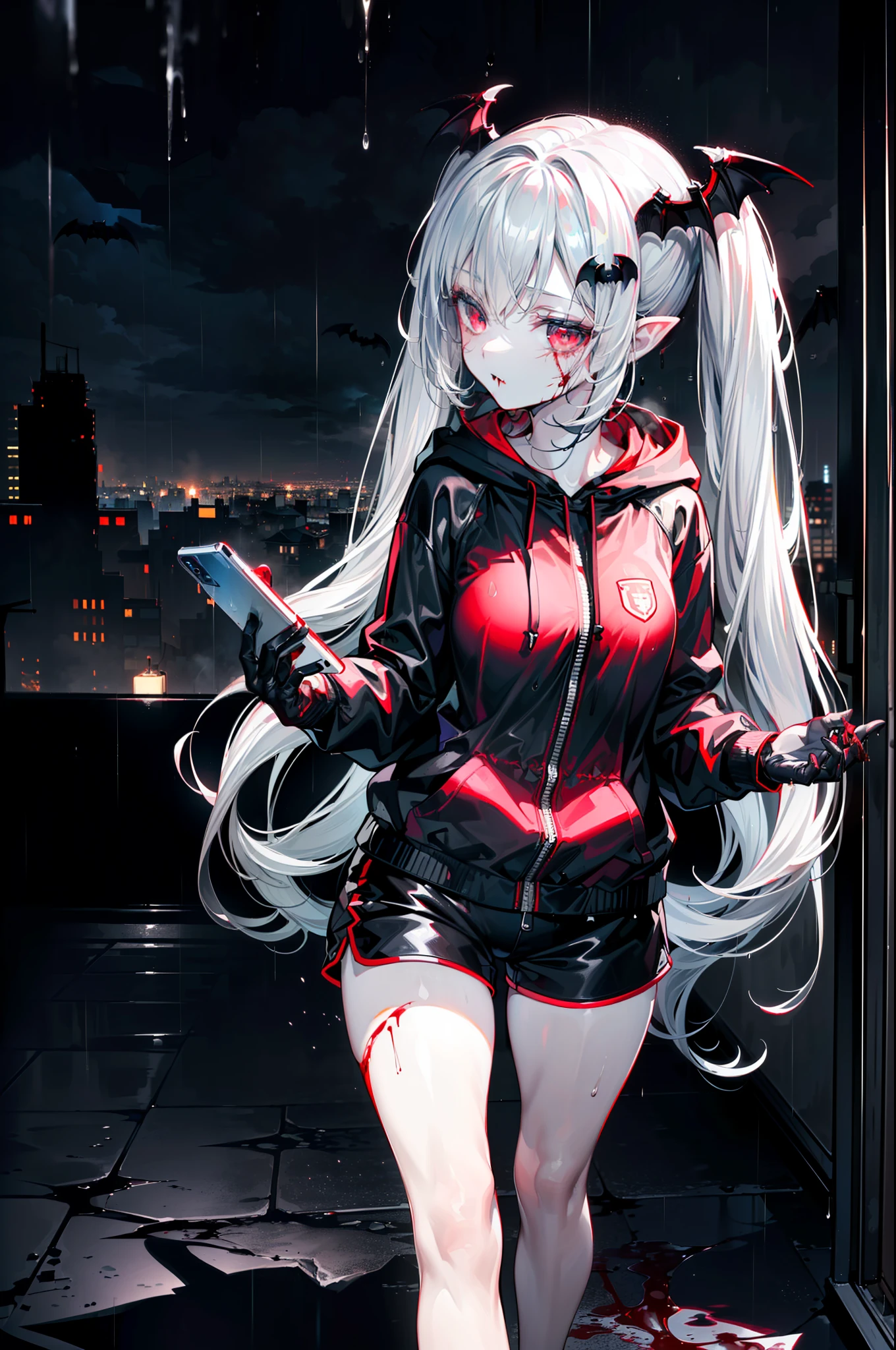 ((masterpiece, best quality, extremely detailed CG, unity 8k wallpaper,anatomically correct,ultra resolution)),Award-winning photography,(best illumination,Very Delicate and Beautiful),(one girl,solo,:1.5),close-up,(Vampire:1.45),silver hair,(twintails:1.2),glowing red eyes,(pale skin:1.45),(extremely beautiful and detailed face:1.2), (extremely beautiful and detailed eyes:1.2),perfect hands,delicate legs,((bat hair ornament)),(graceful,fashion),pointy ears,((hoodie:1.4,sports shorts,sports shoes,black leather gloves)),holding mobile phone,(watching mobile phone:1.3),focused expression,(cute:1.5),((night, dark atmosphere, dark theme, darkness:1.5)),dramatic shadows,(dimly lit:1.5),blood on face,blood on floor, blood on walls,(blood mist,blood splash:1.4),depth of field,(Bustling city:1.2,in the rain:1.3),cloudy sky,raining,skyline,(perfect human body structure with maximum precision)
