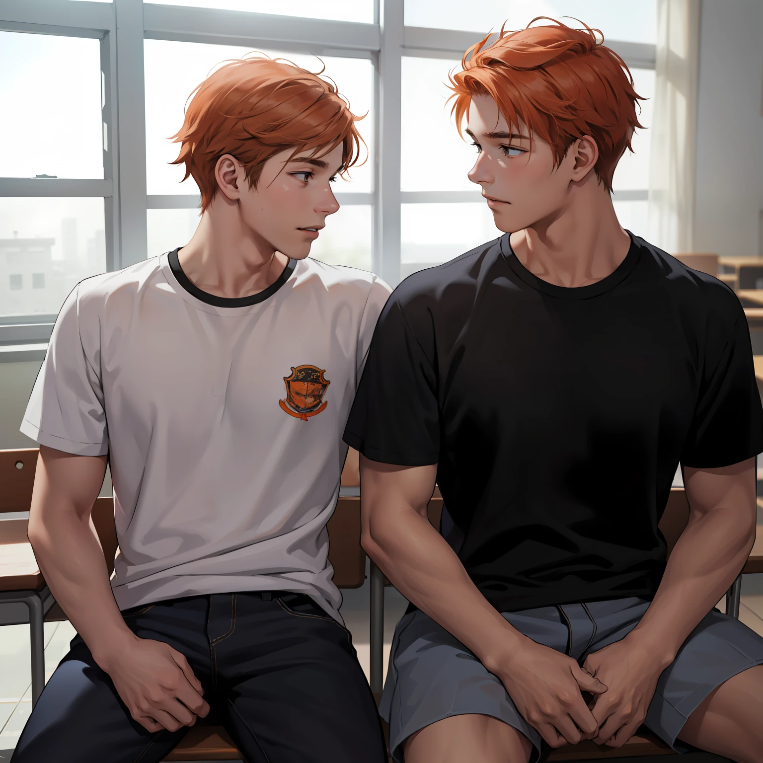 Two -yeld ore-haired teenage friends are talking, conversan, parlean  en la escuela comparten un secreto de que son casi amigos de hermanos... (usar los mismo personajes)