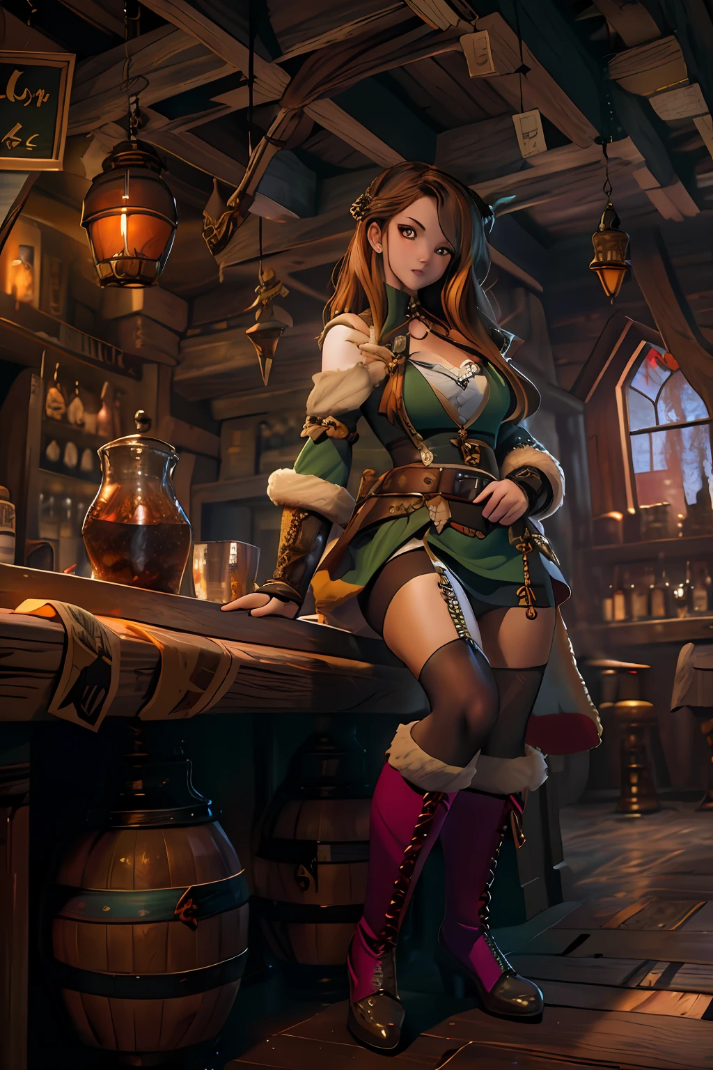 Hunter girl in fantasy tavern, masterpiece, ultra high contrast, intricate details, insane details, 8kHunter girl in fantasy tavern, masterpiece, ultra high contrast, intricate details, insane details, 8k