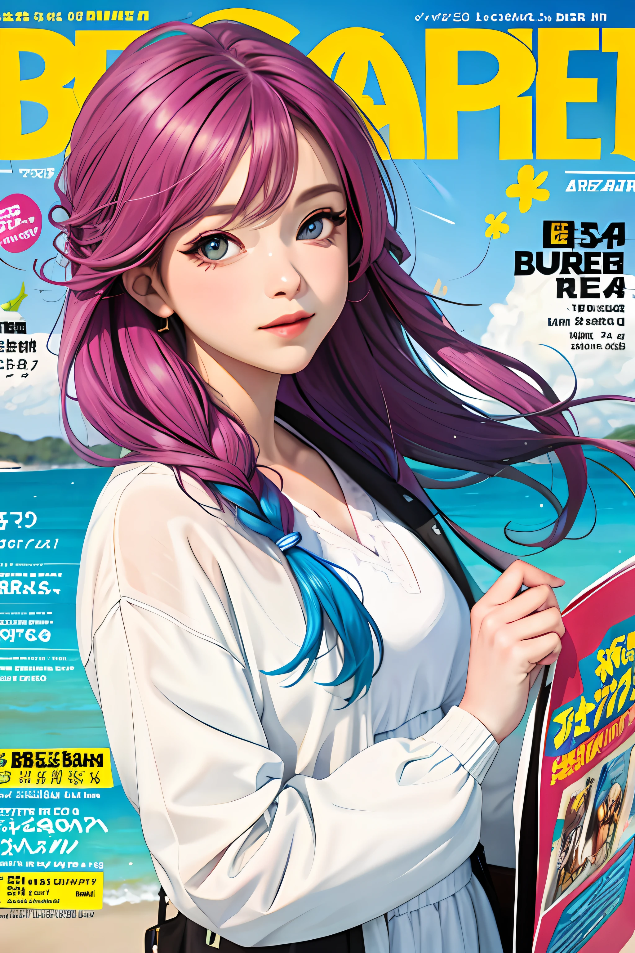 masterpiece, best quality, spring outfit, colorful hair, outdoor, magazine cover ,upper body,