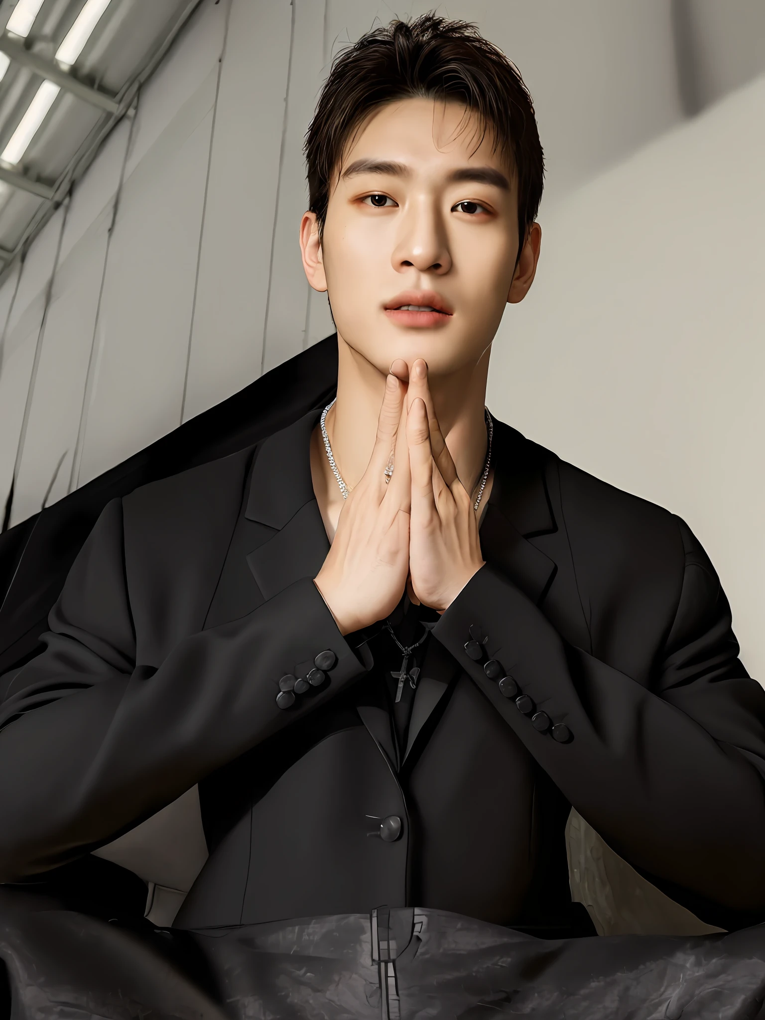 oppav3, (masterpiece, ultra quality, high resolution, 8k, intricate: 1.2), (detailed face:1.2), (wearing black suit:1.5), handsome, detailed skin, pores, absurdres, hunk, 1boy, male focus, ((realistic)), good lighting quality, muscle veins, ((pale skin)), flexing, balanced eyes, brown eyes,