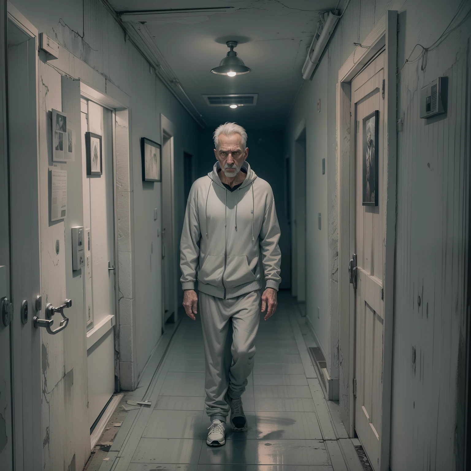 very detailed and extremely intricate 8k image in horror graphic novel style art of a sad 50 year old man dressed in a gray sweat suit walking in a hallway of a simple house, empty and dark, night
