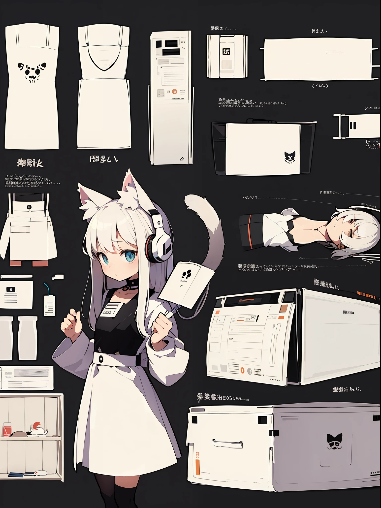 Cat ears girl wearing headphones various black and white clothing designs，3×3 format image，A set of illustrations，The spacing between each element is equal，There is no overlap，Old memo kernel，Two image views，namely the frontview、the sideview、white backgrounid、Different image views  ，organic shapes and lines，illustratio，Flat illustration style，Flat illustration style，danish design"