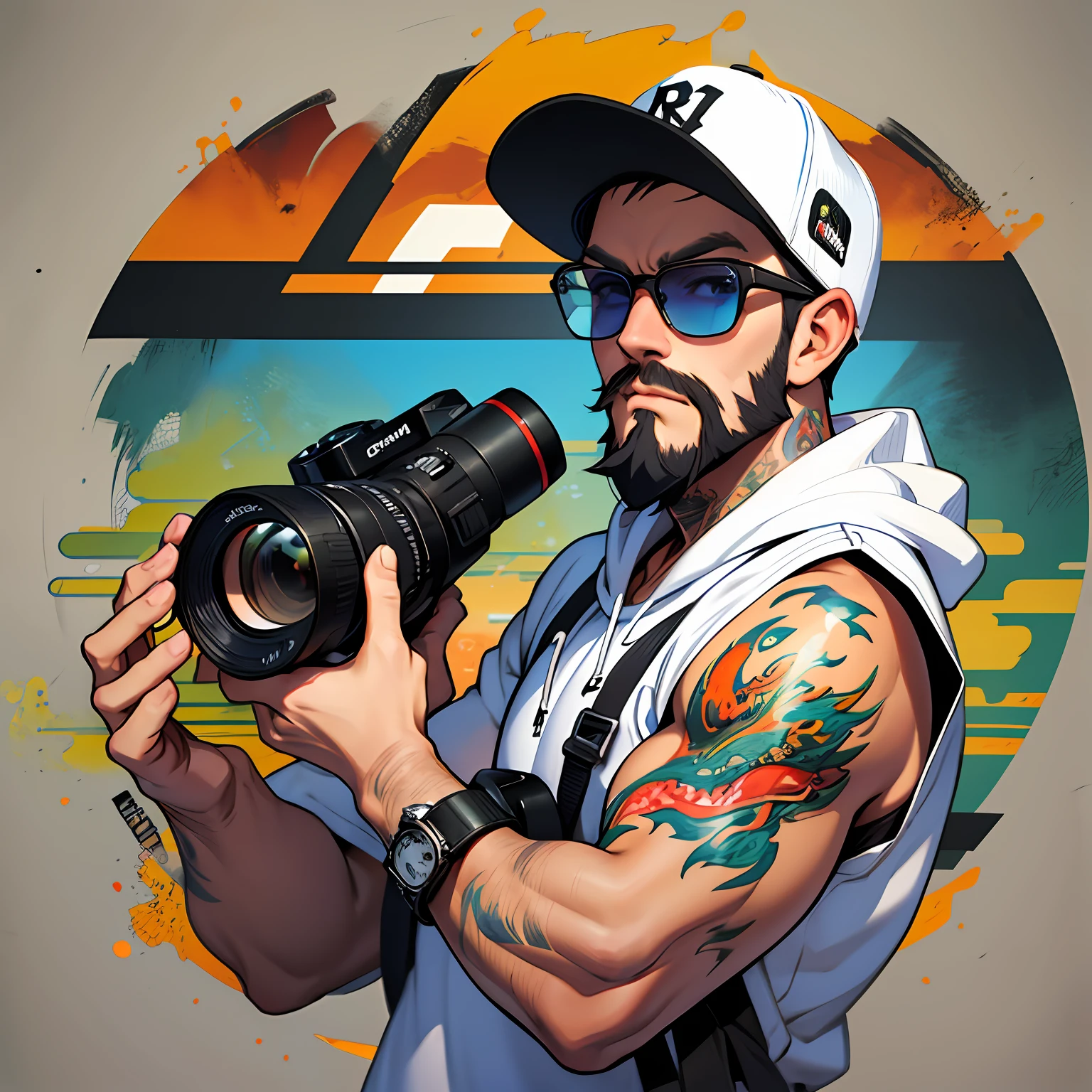 （（A white-bearded grandfather uses a DSLR camera to take pictures：1.2）），frontage，Wear a sweatshirt，With a baseball cap，Wearing sunglasses，Canon camera，Dragon Ball painting art style，Japanese cartoon style，Wearing glasses，There are tattoos on the arms，Wrist watch。