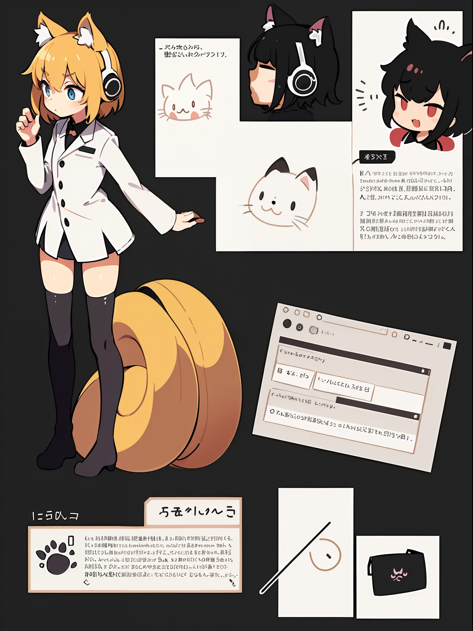 Cat ears girl wearing headphones various black and white clothing designs,3×3 format image,A set of illustrations,The spacing between each element is equal,There is no overlap,Old memo kernel,Two image views,namely the frontview、the sideview、white backgrounid、Different image views ,organic shapes and lines,illustratio,Flat illustration style,Flat illustration style,danish design"