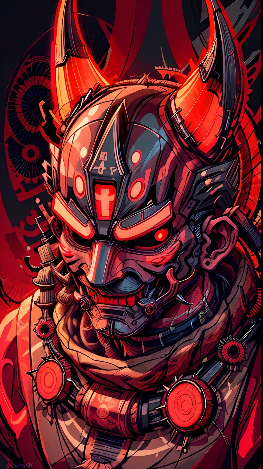 Portrait mask, illustrator, masterpiece, high quality, 8k, high resolution, high detail, japan, (Prawaka: 1.2), horror, evil, smile, front, close-up, looking at the viewer, dark shadow background. Neon red, glowing red at night